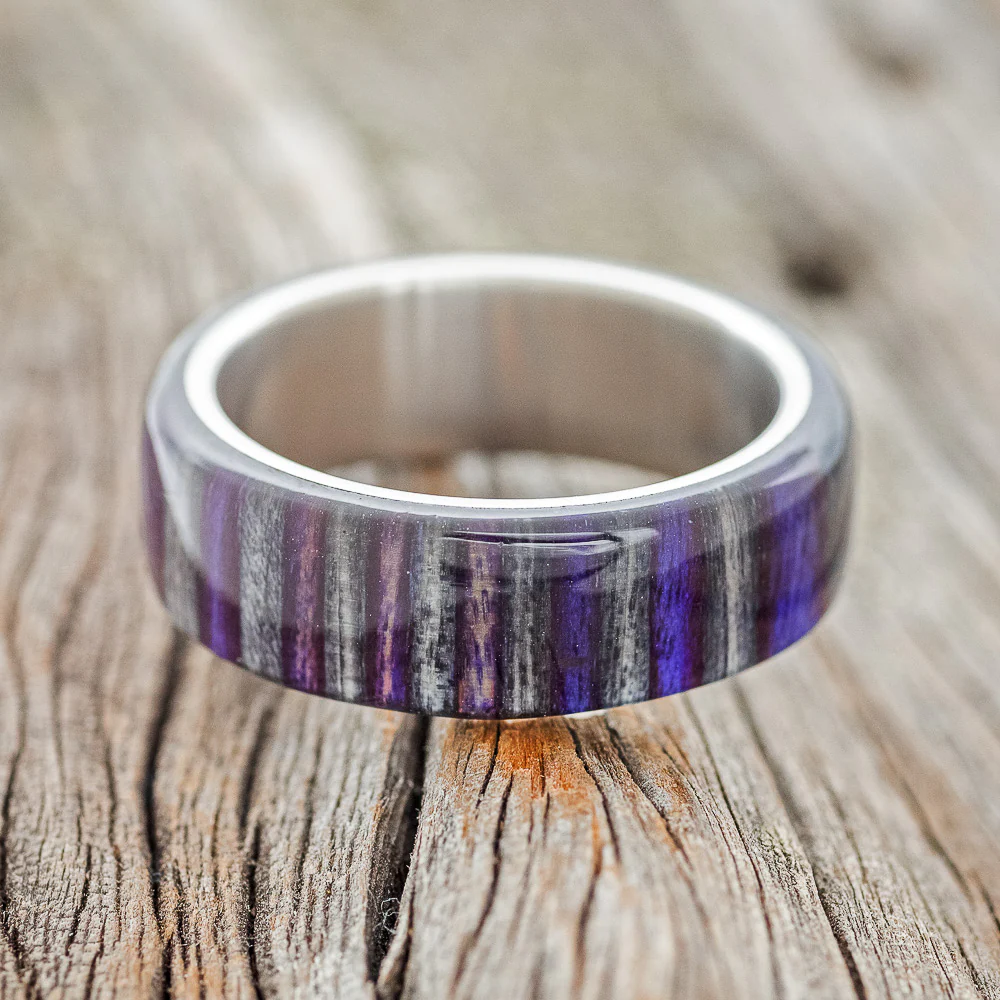 "HAVEN" - PURPLE & GREY DYED BIRCH WOOD WEDDING RING - Image 3