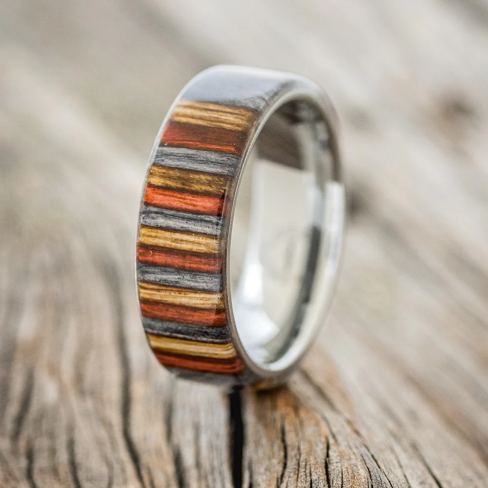 "HAVEN" - RED, GREY & BROWN DYED BIRCH WOOD WEDDING RING - Image 4