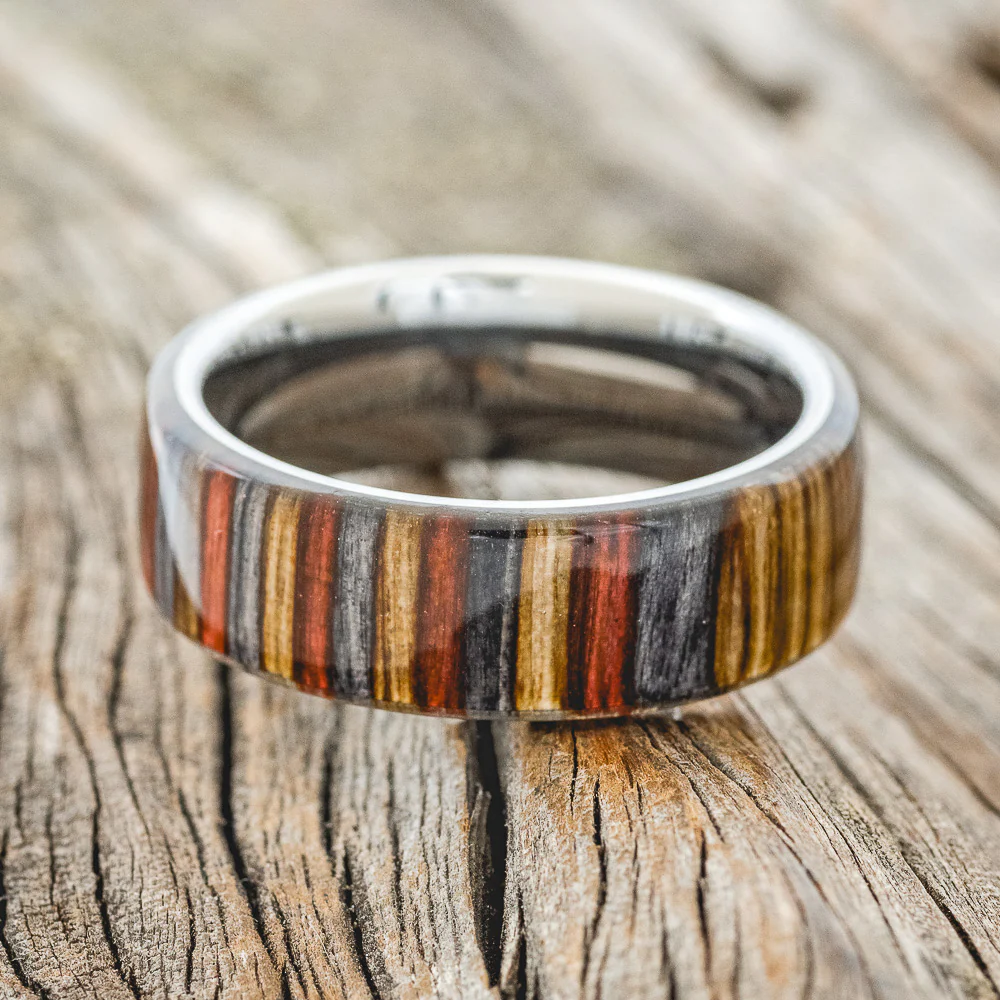 "HAVEN" - RED, GREY & BROWN DYED BIRCH WOOD WEDDING RING - Image 6