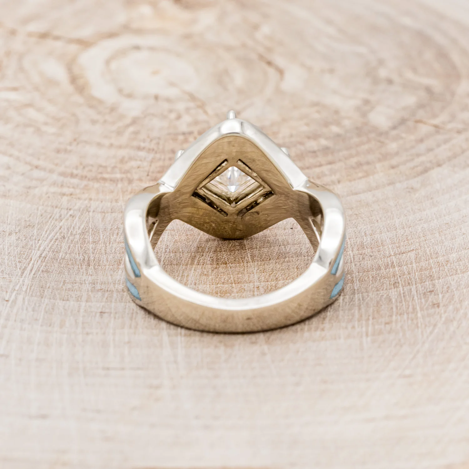 "HELIX" - PRINCESS CUT MOISSANITE ENGAGEMENT RING WITH TURQUOISE INLAYS & A DIAMOND TRACER - Image 10