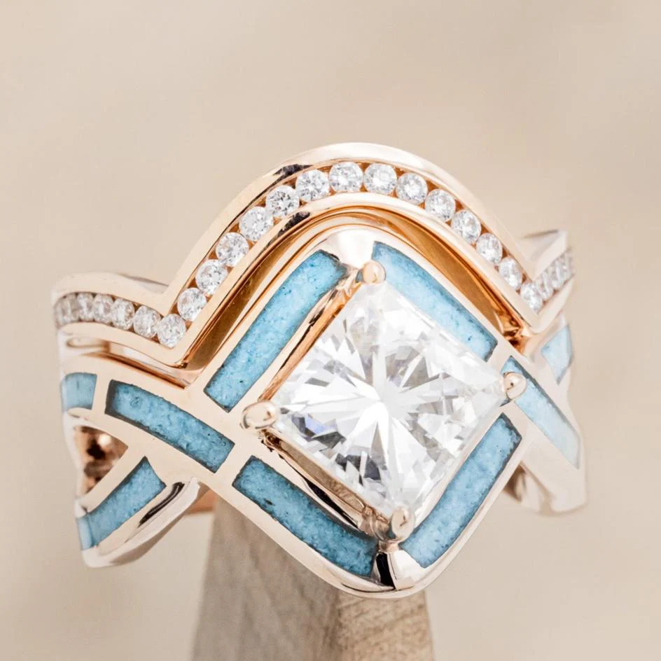 "HELIX" - PRINCESS CUT MOISSANITE ENGAGEMENT RING WITH TURQUOISE INLAYS & A DIAMOND TRACER - Image 14