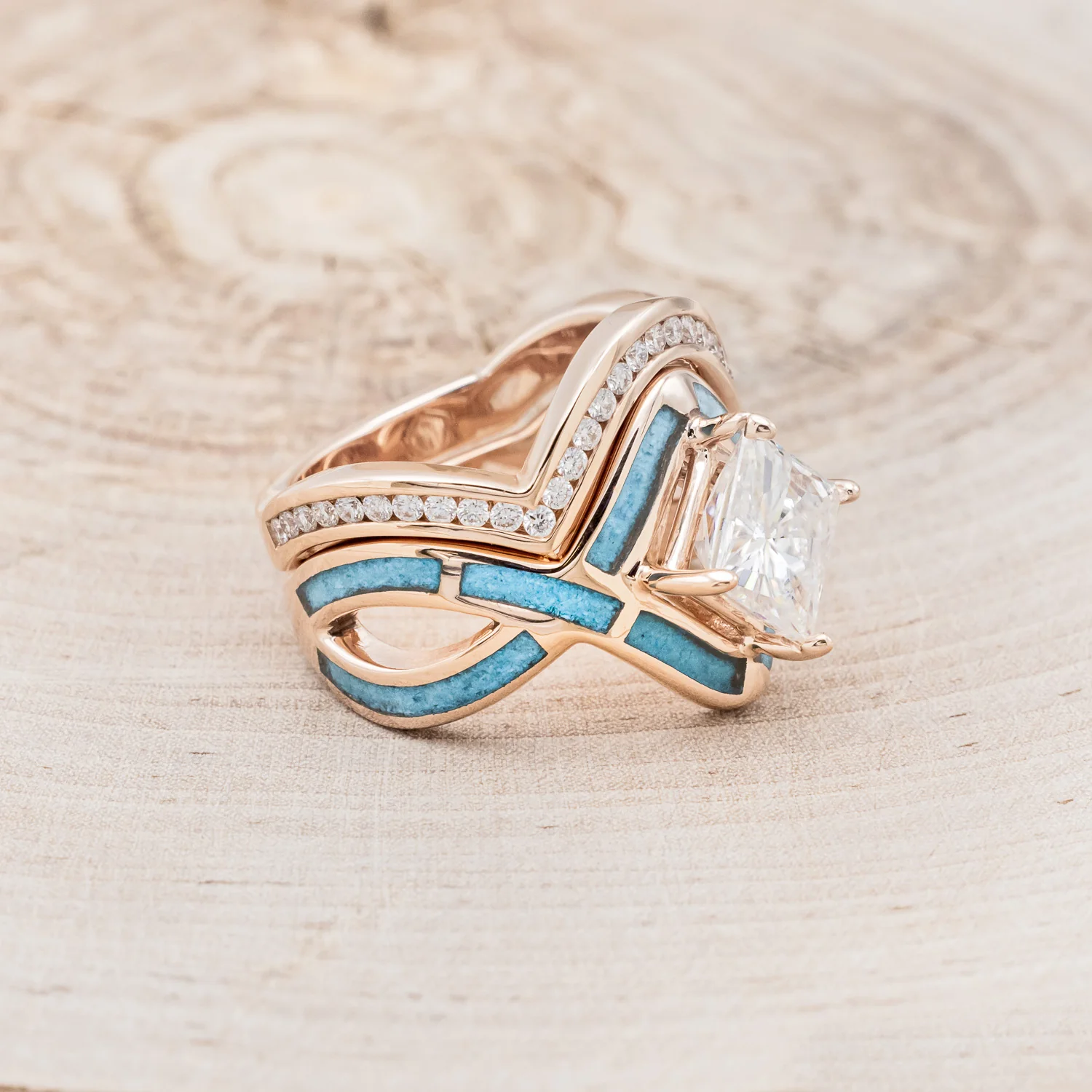 "HELIX" - PRINCESS CUT MOISSANITE ENGAGEMENT RING WITH TURQUOISE INLAYS & A DIAMOND TRACER - Image 15