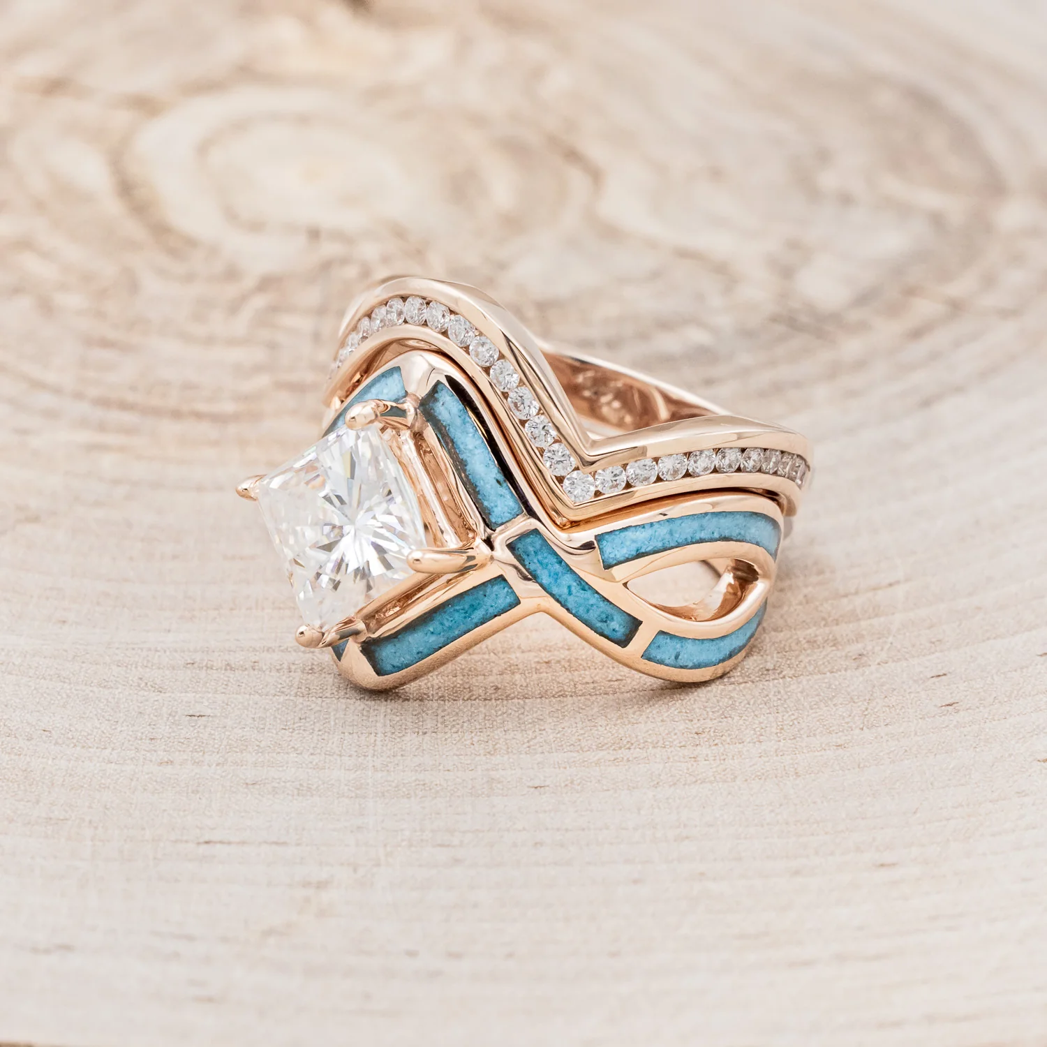 "HELIX" - PRINCESS CUT MOISSANITE ENGAGEMENT RING WITH TURQUOISE INLAYS & A DIAMOND TRACER - Image 16