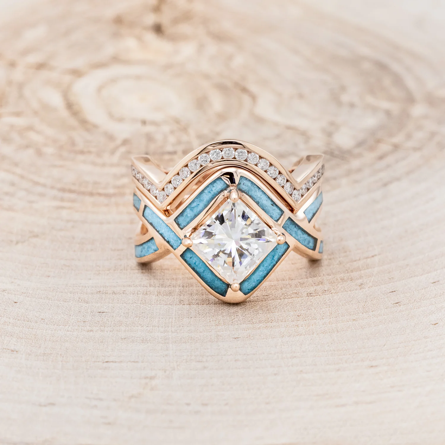 "HELIX" - PRINCESS CUT MOISSANITE ENGAGEMENT RING WITH TURQUOISE INLAYS & A DIAMOND TRACER - Image 17