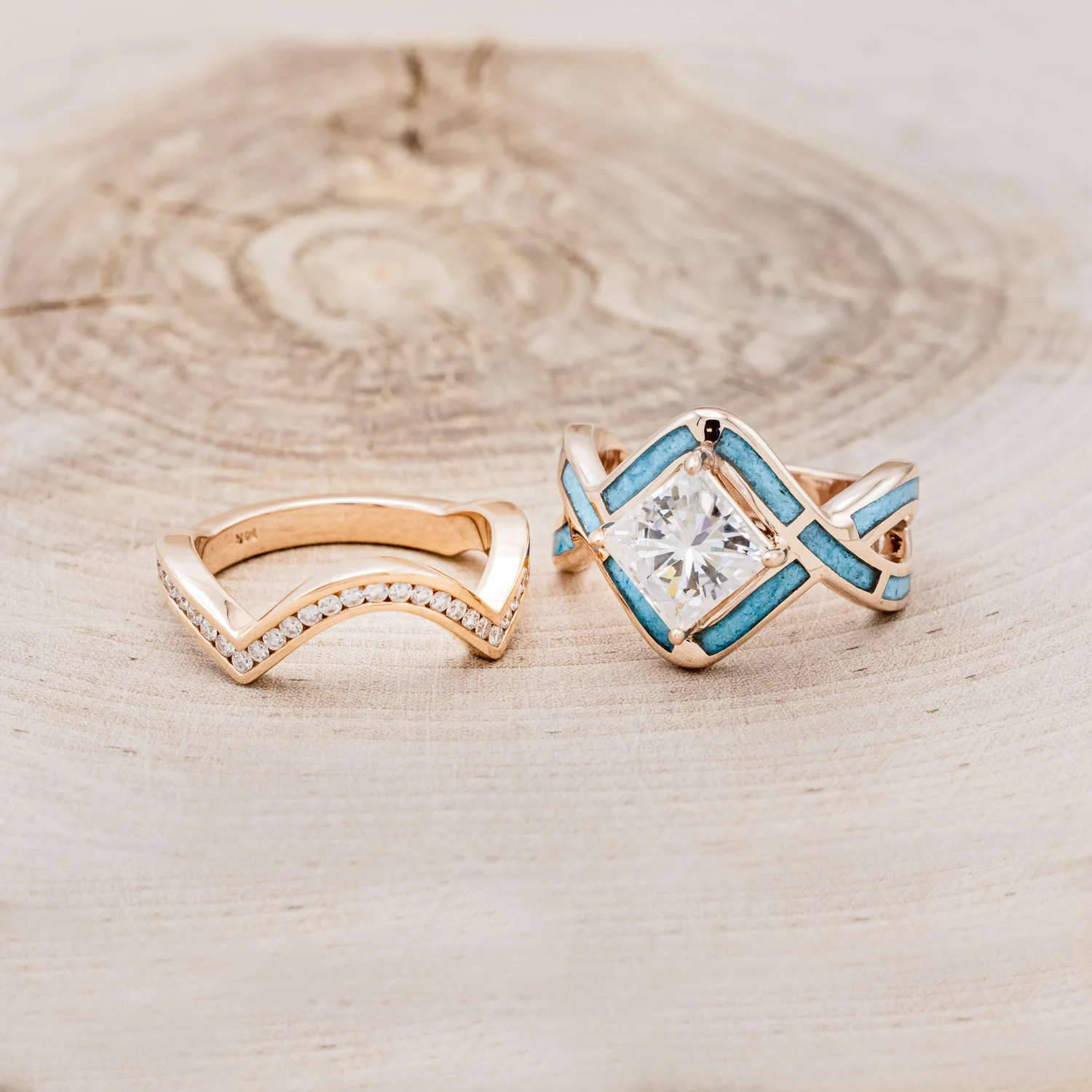 "HELIX" - PRINCESS CUT MOISSANITE ENGAGEMENT RING WITH TURQUOISE INLAYS & A DIAMOND TRACER - Image 18