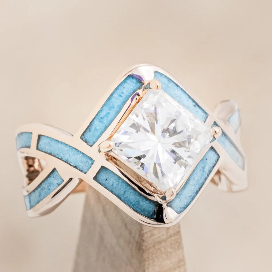 "HELIX" - PRINCESS CUT MOISSANITE ENGAGEMENT RING WITH TURQUOISE INLAYS & A DIAMOND TRACER - Image 20