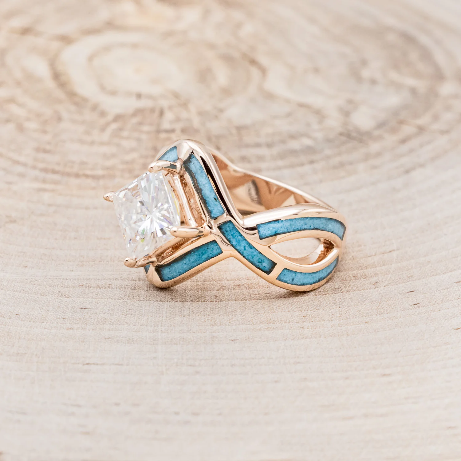 "HELIX" - PRINCESS CUT MOISSANITE ENGAGEMENT RING WITH TURQUOISE INLAYS & A DIAMOND TRACER - Image 22