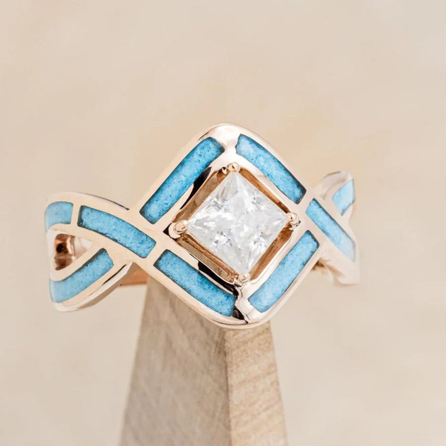 "HELIX" - PRINCESS CUT MOISSANITE ENGAGEMENT RING WITH TURQUOISE INLAYS & A DIAMOND TRACER - Image 28