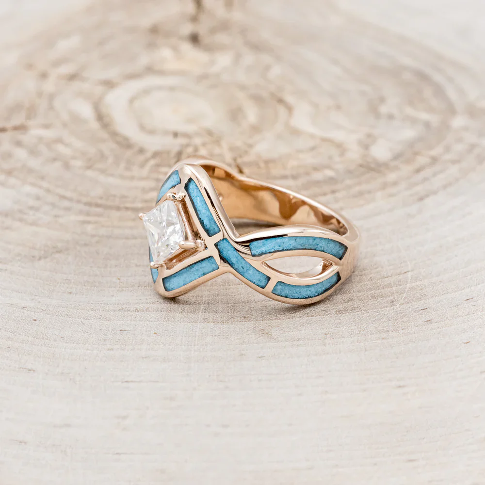"HELIX" - PRINCESS CUT MOISSANITE ENGAGEMENT RING WITH TURQUOISE INLAYS & A DIAMOND TRACER - Image 29