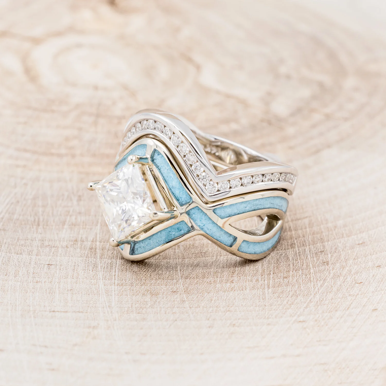 "HELIX" - PRINCESS CUT MOISSANITE ENGAGEMENT RING WITH TURQUOISE INLAYS & A DIAMOND TRACER - Image 3