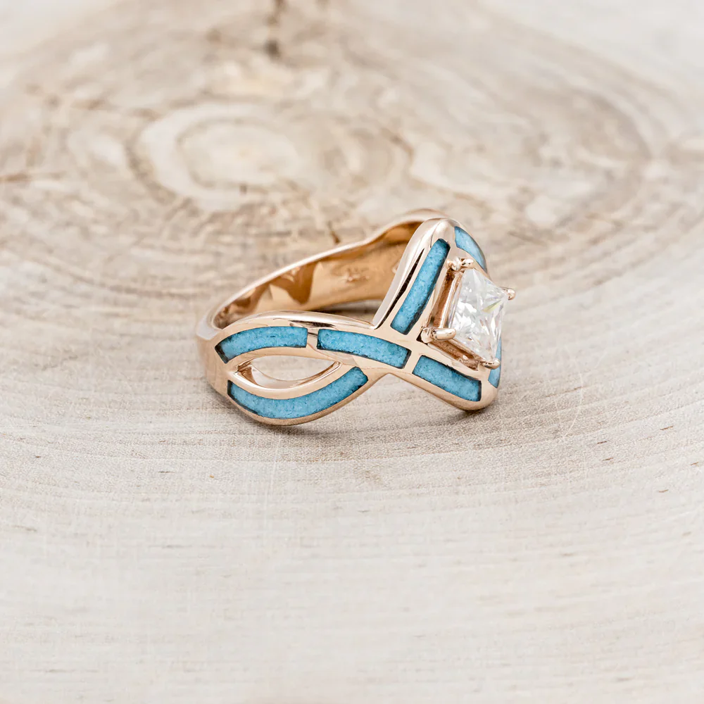 "HELIX" - PRINCESS CUT MOISSANITE ENGAGEMENT RING WITH TURQUOISE INLAYS & A DIAMOND TRACER - Image 31