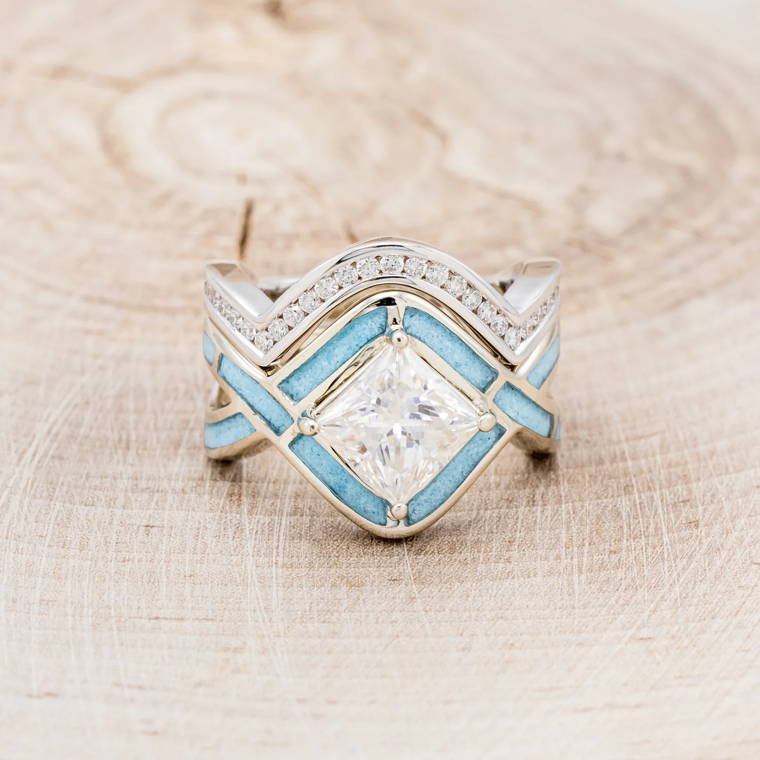 "HELIX" - PRINCESS CUT MOISSANITE ENGAGEMENT RING WITH TURQUOISE INLAYS & A DIAMOND TRACER - Image 4