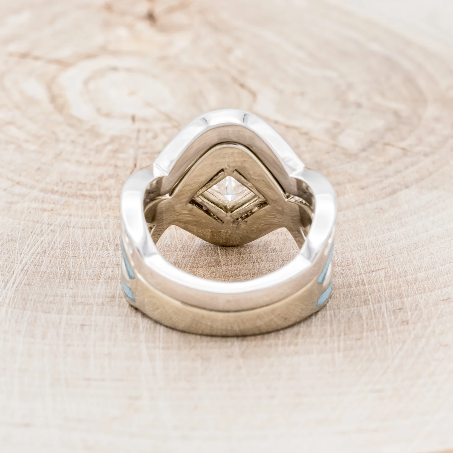 "HELIX" - PRINCESS CUT MOISSANITE ENGAGEMENT RING WITH TURQUOISE INLAYS & A DIAMOND TRACER - Image 5