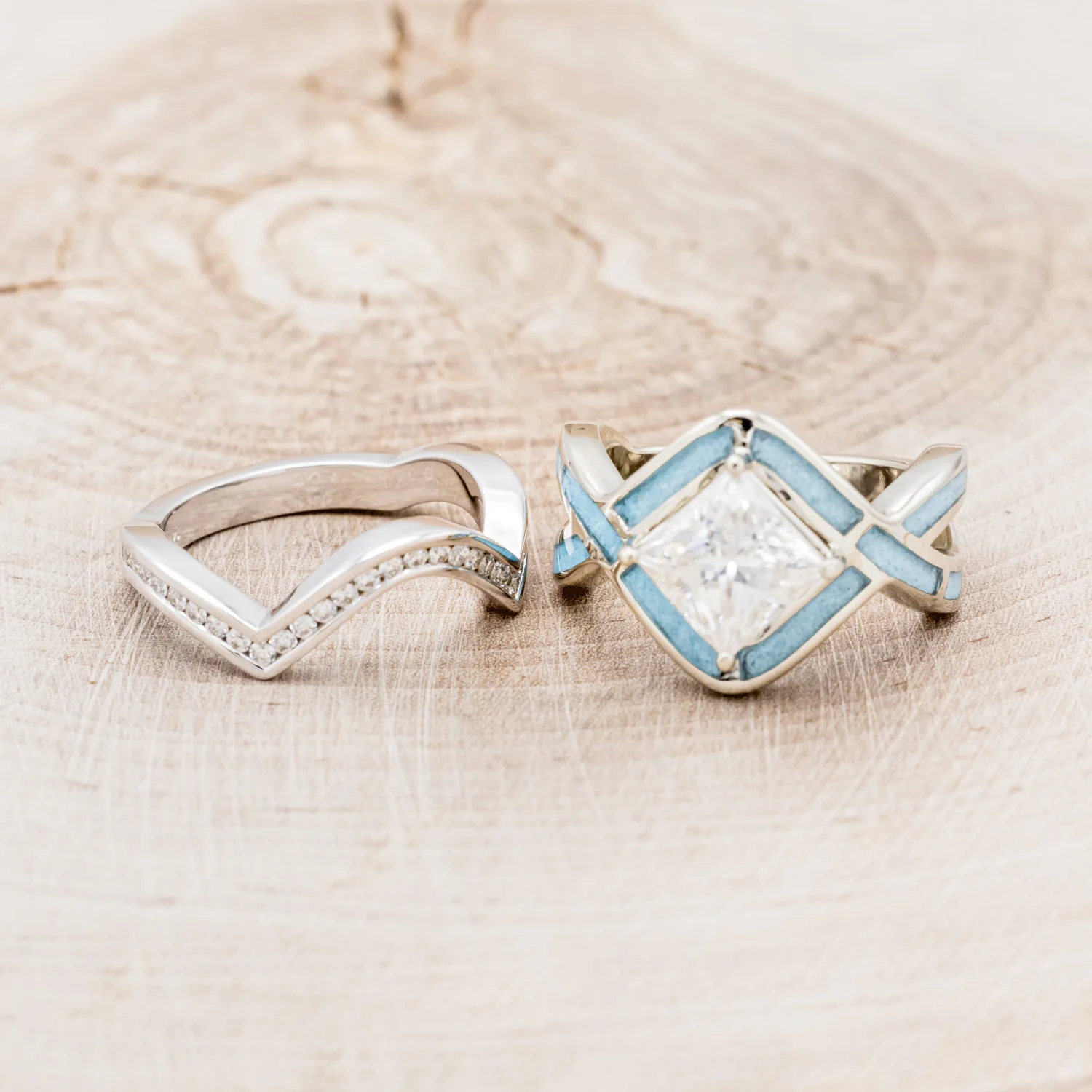 "HELIX" - PRINCESS CUT MOISSANITE ENGAGEMENT RING WITH TURQUOISE INLAYS & A DIAMOND TRACER - Image 6