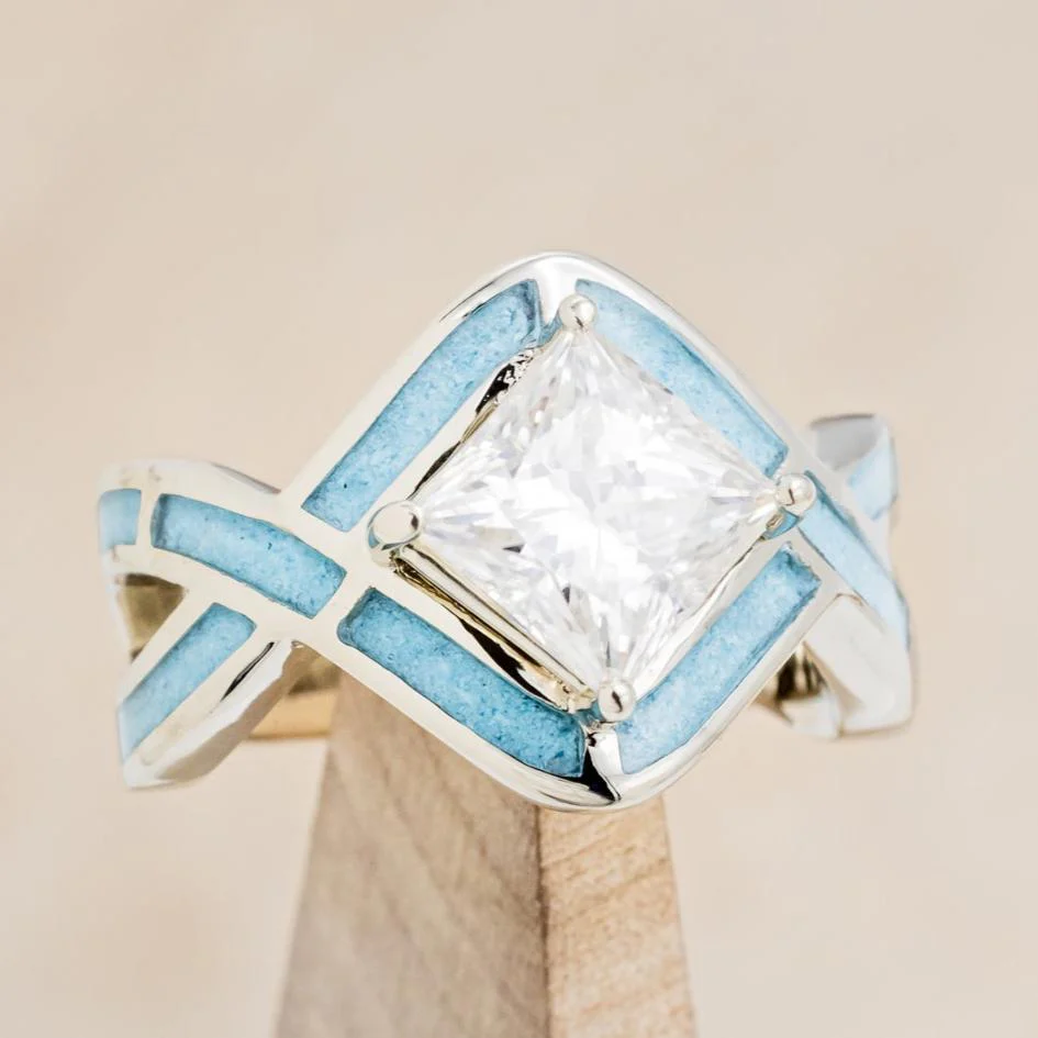"HELIX" - PRINCESS CUT MOISSANITE ENGAGEMENT RING WITH TURQUOISE INLAYS & A DIAMOND TRACER - Image 7