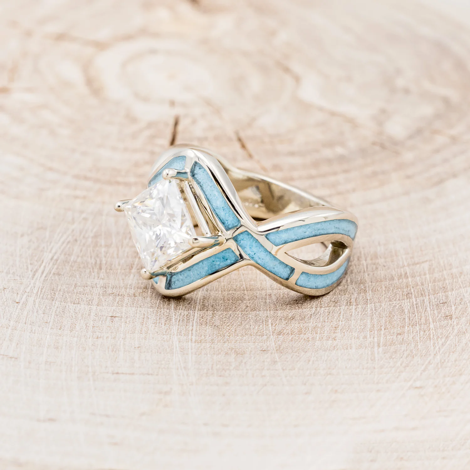 "HELIX" - PRINCESS CUT MOISSANITE ENGAGEMENT RING WITH TURQUOISE INLAYS & A DIAMOND TRACER - Image 8