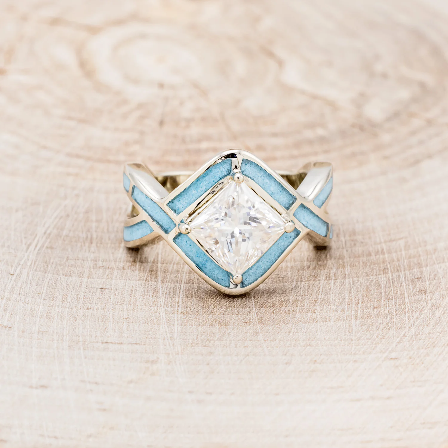 "HELIX" - PRINCESS CUT MOISSANITE ENGAGEMENT RING WITH TURQUOISE INLAYS & A DIAMOND TRACER - Image 9