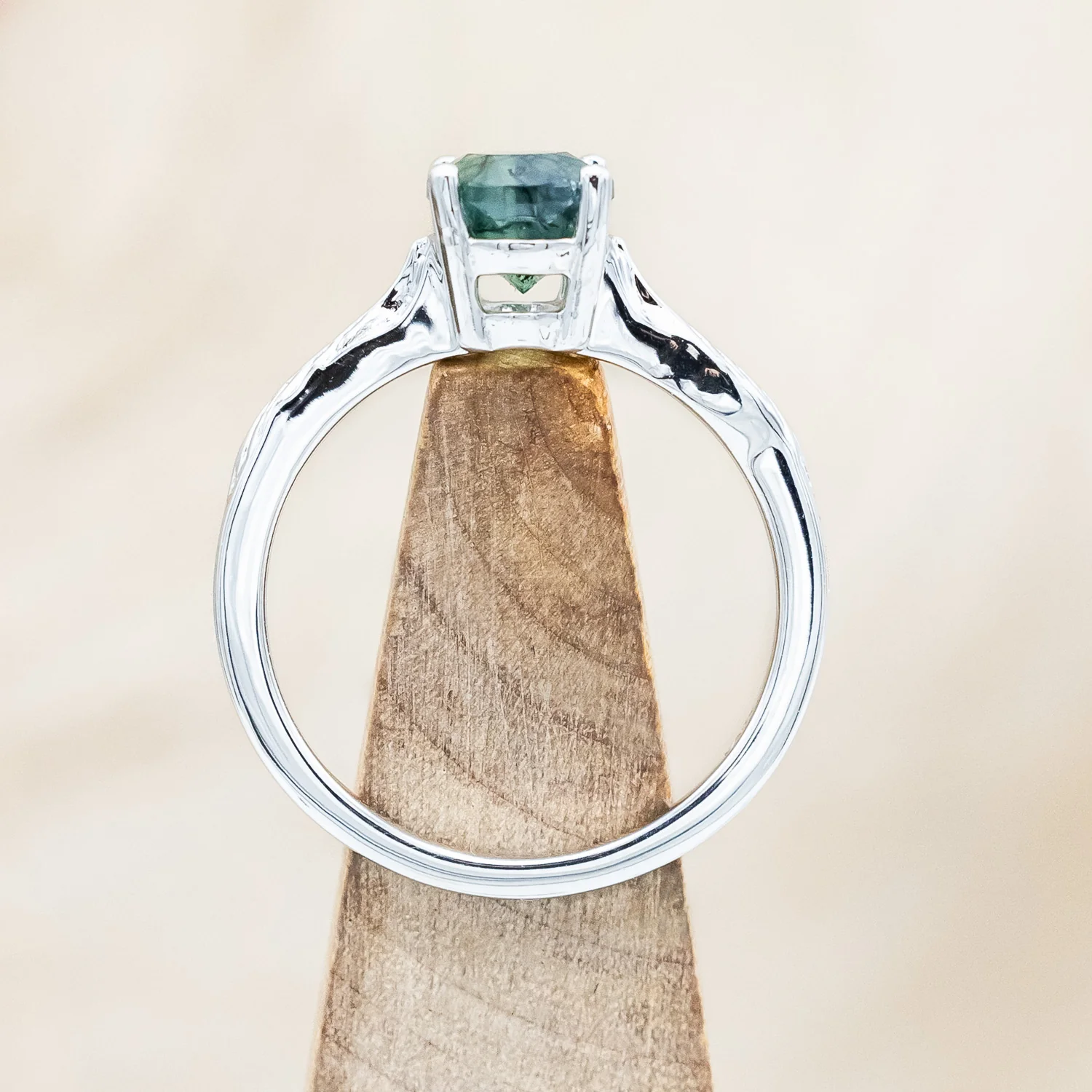 "HOPE" - OVAL CUT MOSS AGATE SOLITAIRE ENGAGEMENT RING WITH FEATHER ACCENTS - Image 7