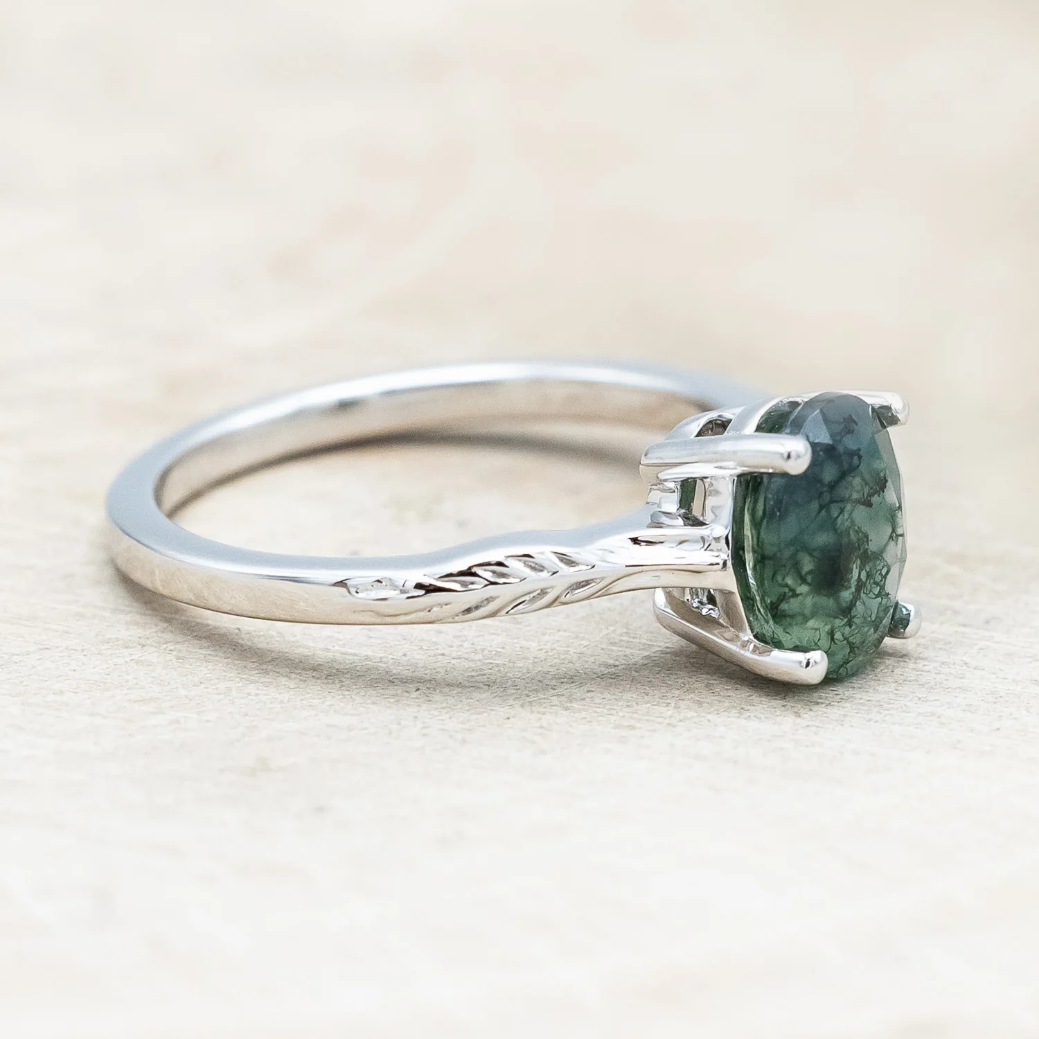 "HOPE" - OVAL CUT MOSS AGATE SOLITAIRE ENGAGEMENT RING WITH FEATHER ACCENTS - Image 3