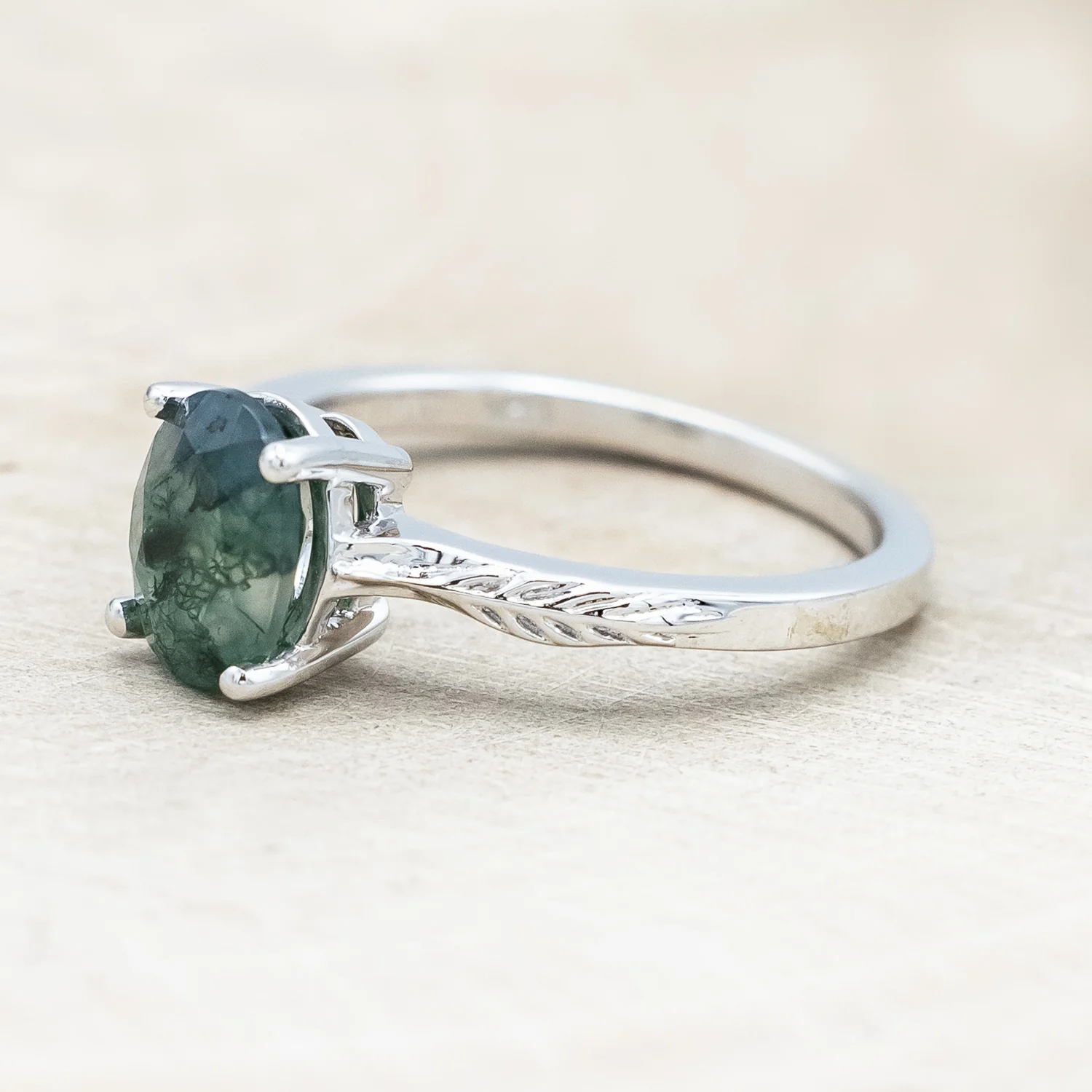 "HOPE" - OVAL CUT MOSS AGATE SOLITAIRE ENGAGEMENT RING WITH FEATHER ACCENTS - Image 4