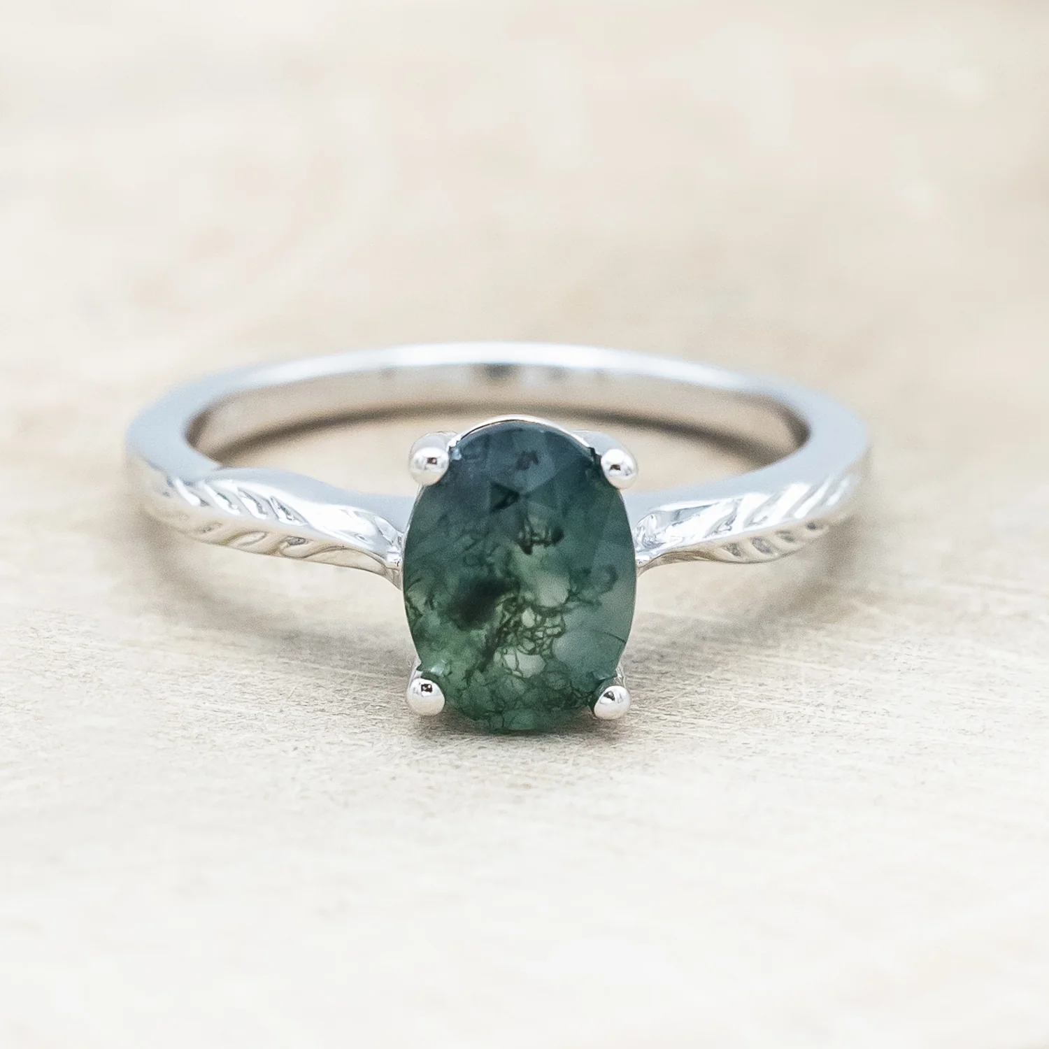"HOPE" - OVAL CUT MOSS AGATE SOLITAIRE ENGAGEMENT RING WITH FEATHER ACCENTS - Image 5