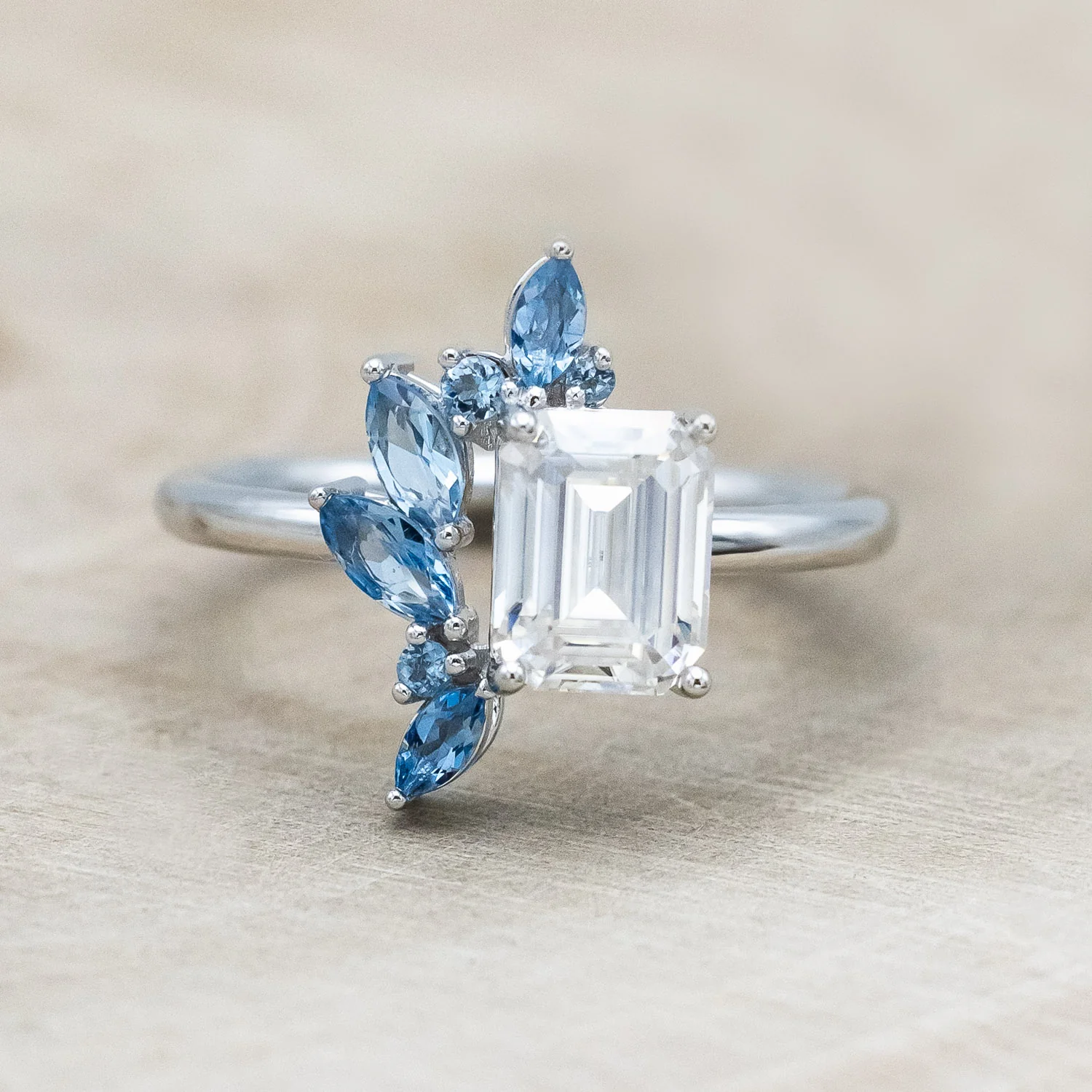 "ISABELLA" - EMERALD CUT MOISSANITE ENGAGEMENT RING WITH AQUAMARINE ACCENTS - Image 10