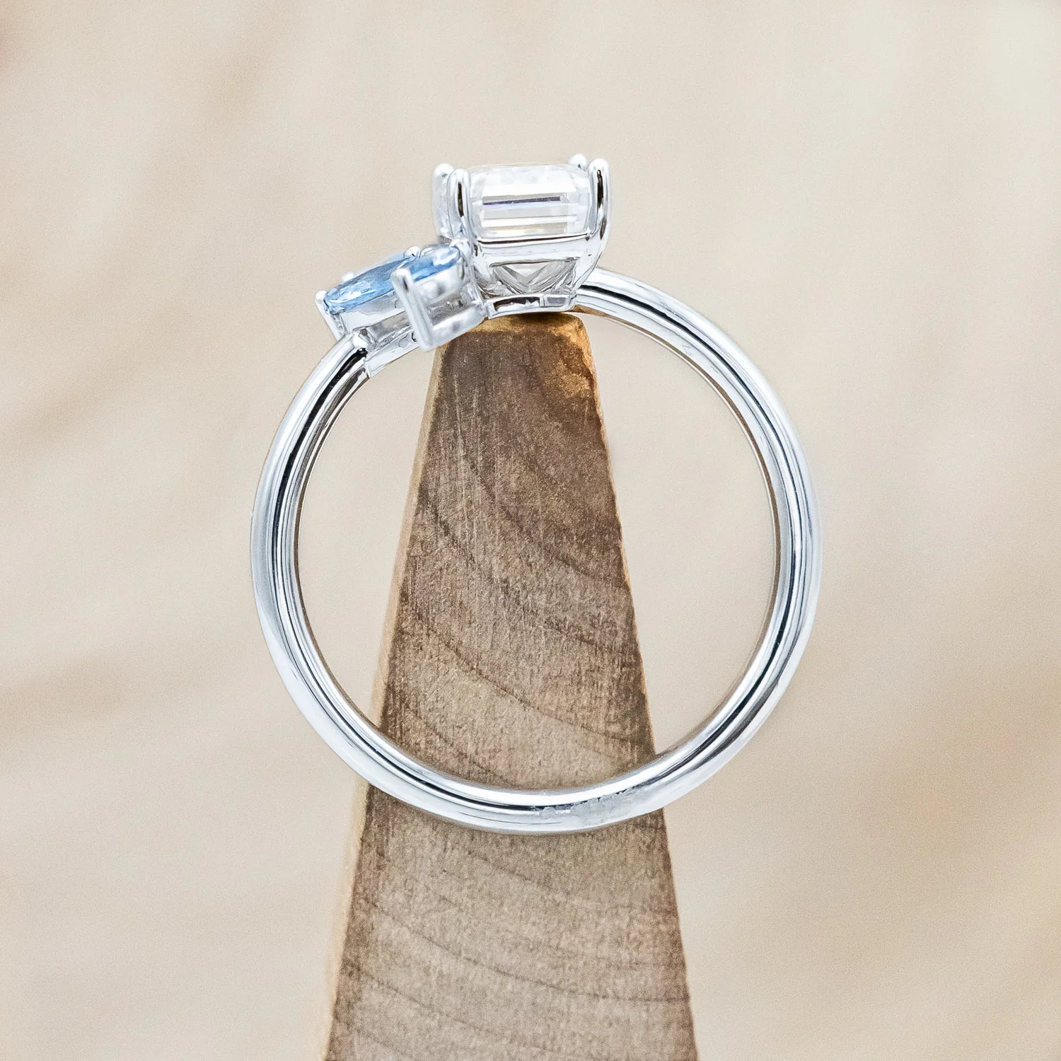 "ISABELLA" - EMERALD CUT MOISSANITE ENGAGEMENT RING WITH AQUAMARINE ACCENTS - Image 11