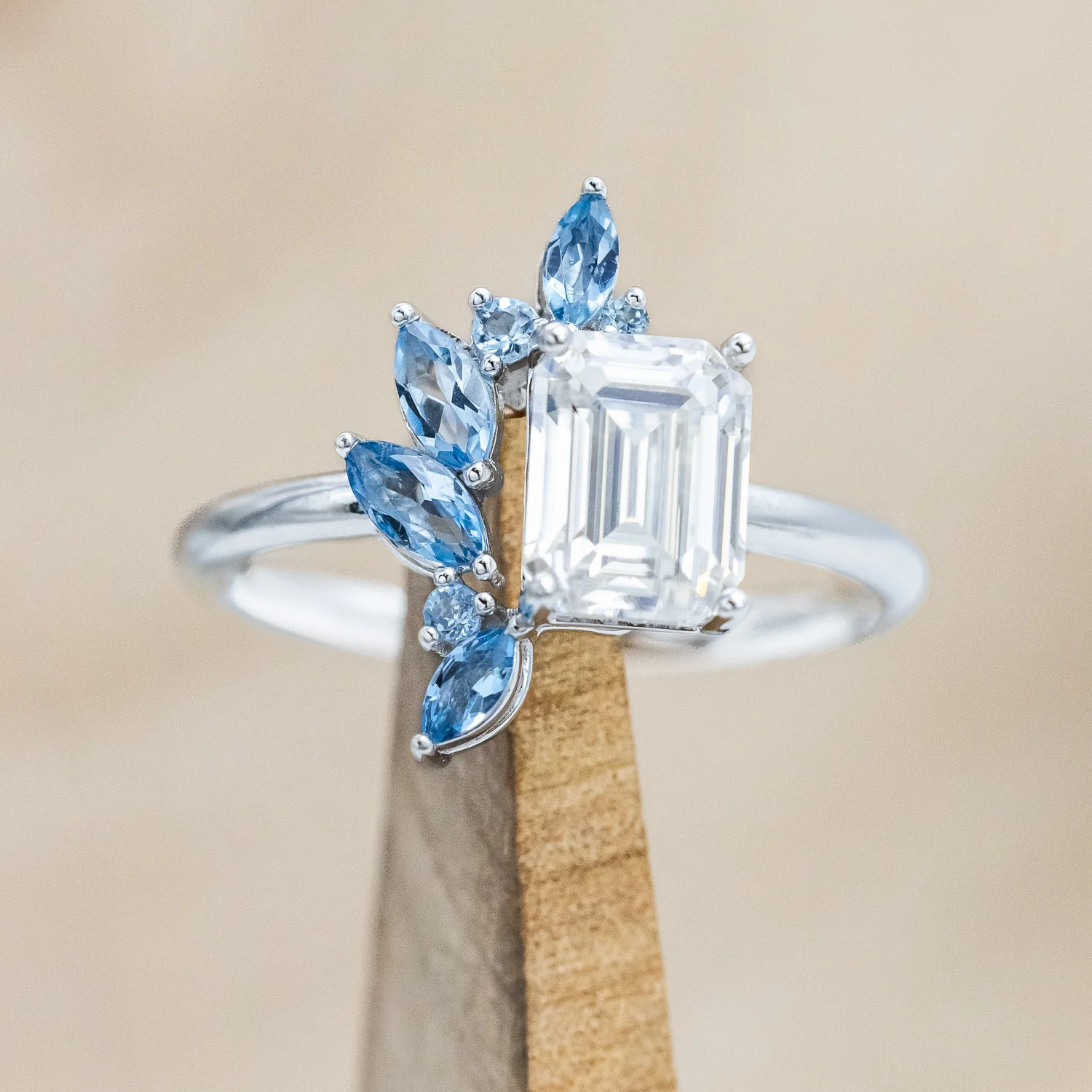 "ISABELLA" - EMERALD CUT MOISSANITE ENGAGEMENT RING WITH AQUAMARINE ACCENTS - Image 7