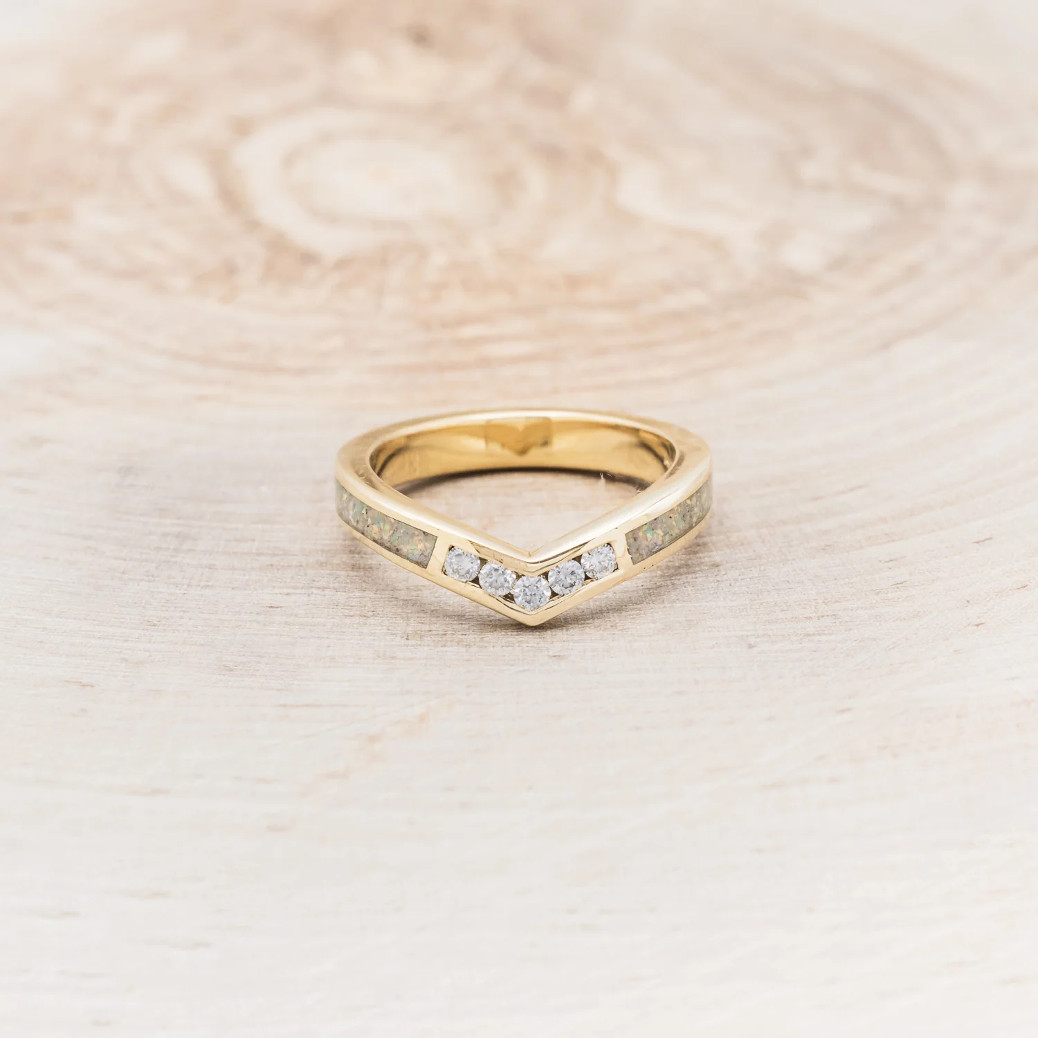 "KIDA" - V-SHAPED STACKING BAND WITH DIAMONDS & TWO INLAYS - Image 14