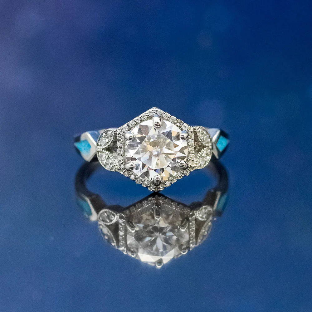 "LUCY IN THE SKY" - ROUND CUT MOISSANITE ENGAGEMENT RING WITH DIAMOND ACCENTS, TURQUOISE INLAYS & A DIAMOND RING GUARD - Image 10