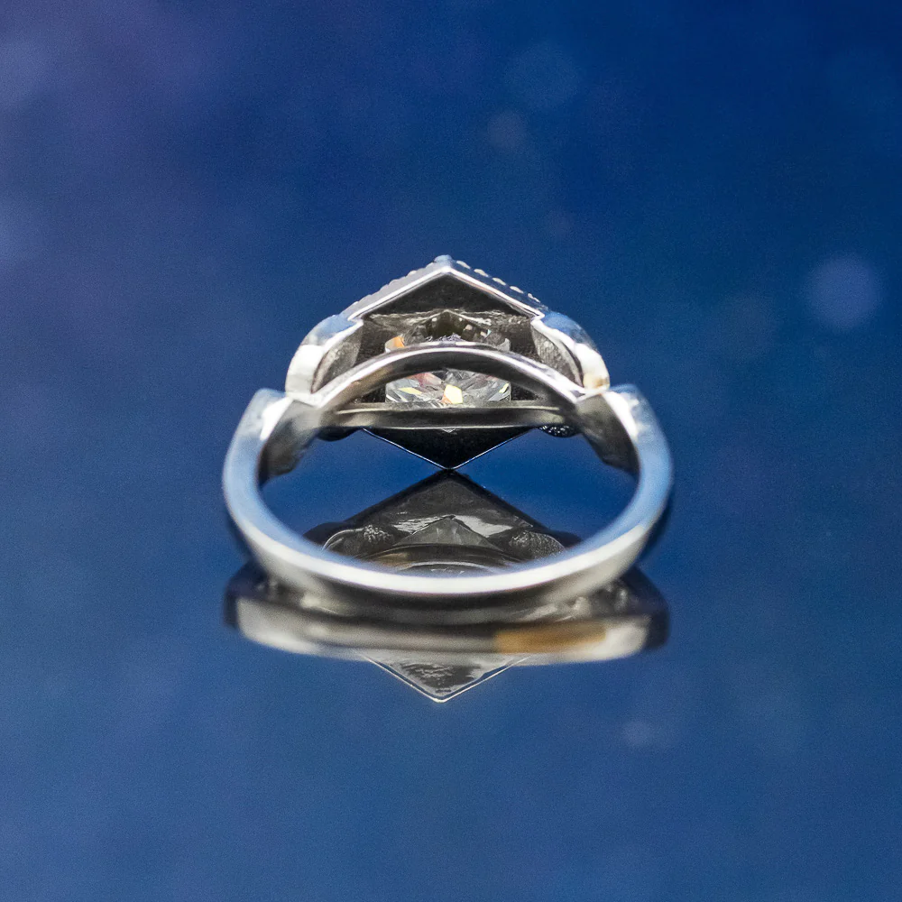 "LUCY IN THE SKY" - ROUND CUT MOISSANITE ENGAGEMENT RING WITH DIAMOND ACCENTS, TURQUOISE INLAYS & A DIAMOND RING GUARD - Image 13