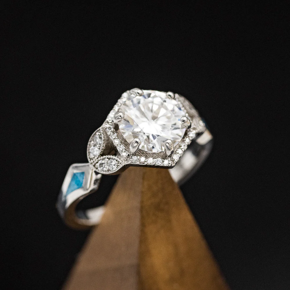 "LUCY IN THE SKY" - ROUND CUT MOISSANITE ENGAGEMENT RING WITH DIAMOND ACCENTS, TURQUOISE INLAYS & A DIAMOND RING GUARD - Image 6