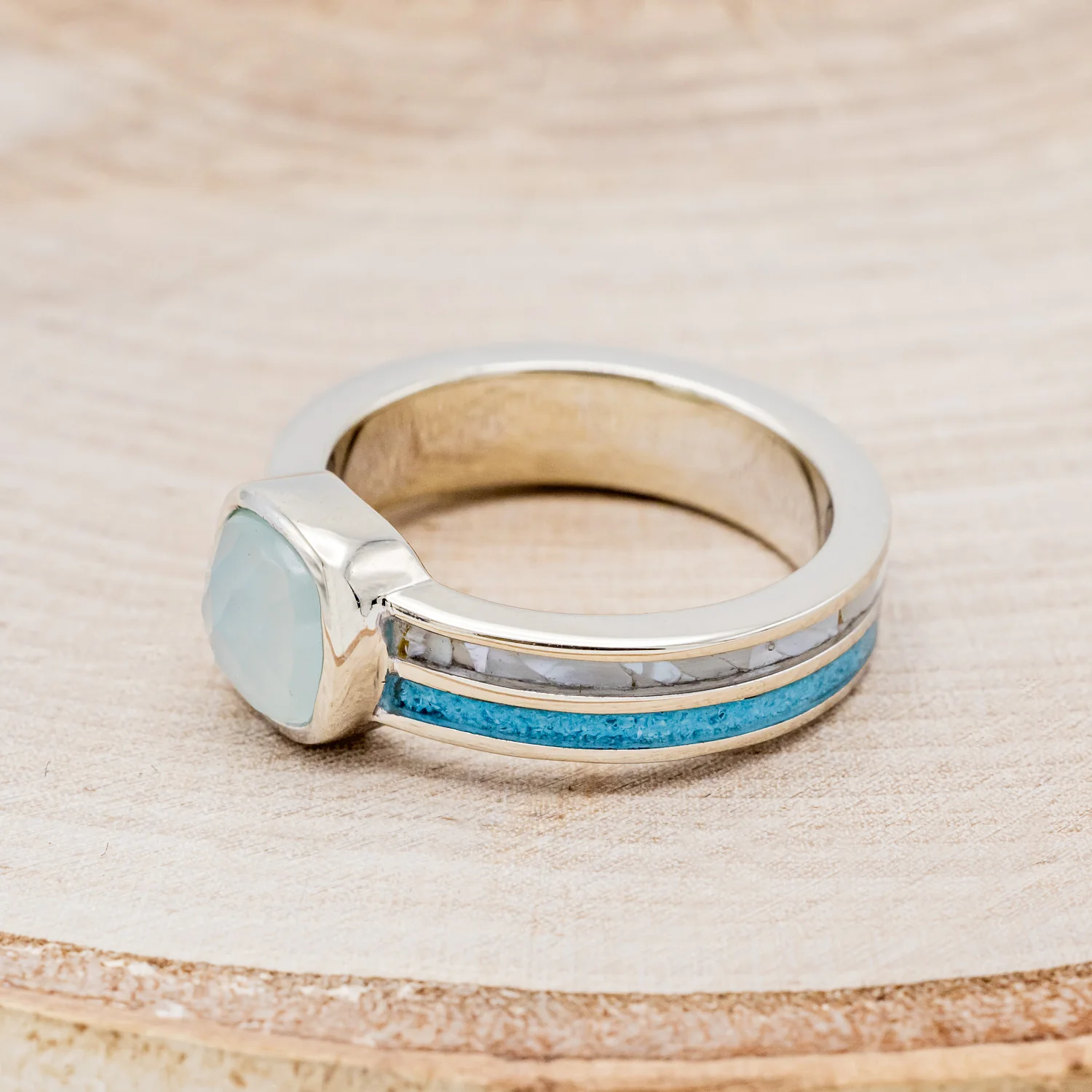 "MATILDA" - CUSHION CUT CHALCEDONY ENGAGEMENT RING WITH TURQUOISE & MOTHER OF PEARL INLAYS - Image 3