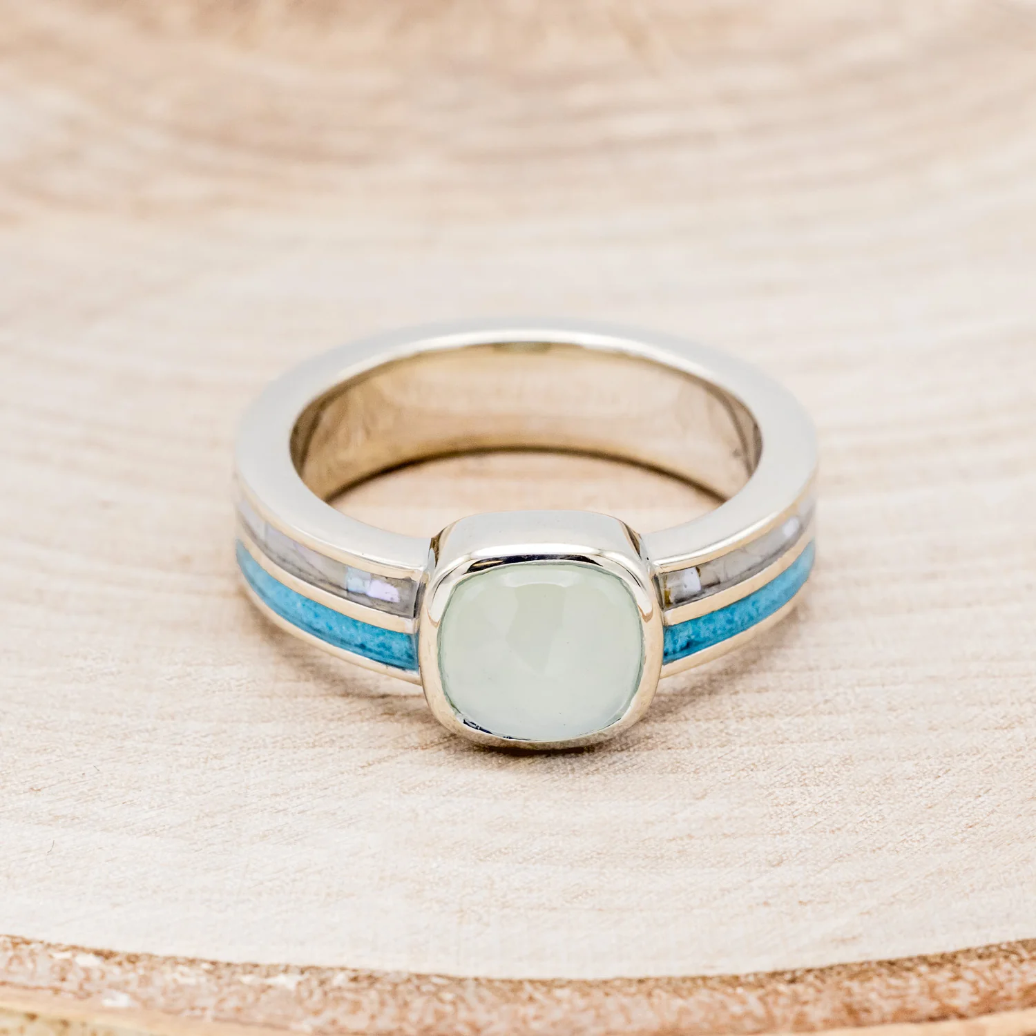 "MATILDA" - CUSHION CUT CHALCEDONY ENGAGEMENT RING WITH TURQUOISE & MOTHER OF PEARL INLAYS - Image 4