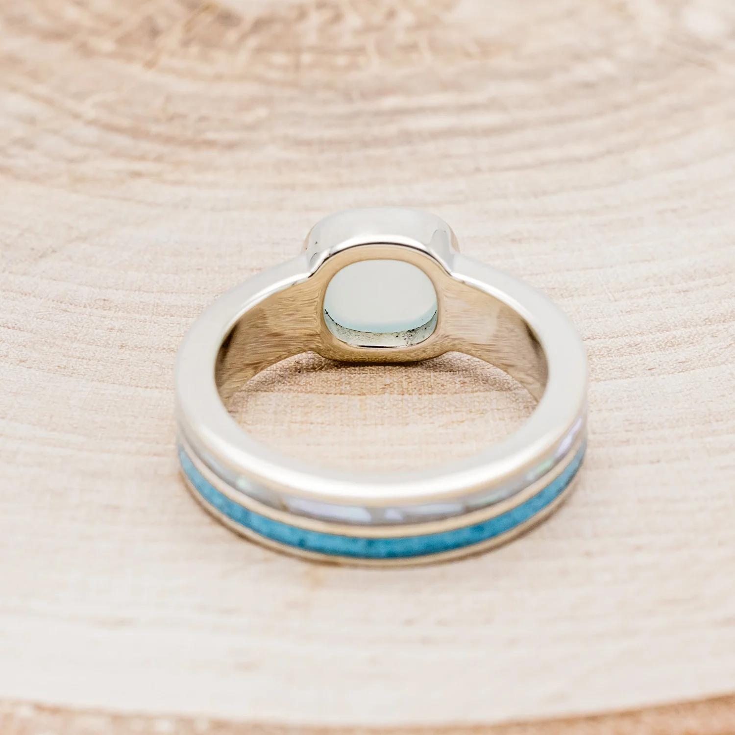 "MATILDA" - CUSHION CUT CHALCEDONY ENGAGEMENT RING WITH TURQUOISE & MOTHER OF PEARL INLAYS - Image 6
