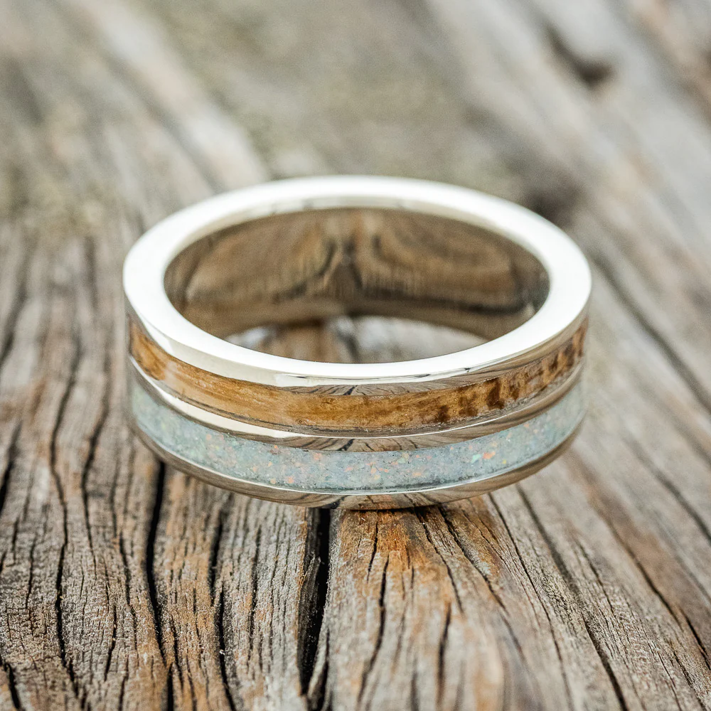"MAVERICK" - FISH ENGRAVED WEDDING BAND WITH FIRE & ICE OPAL AND WHISKEY BARREL OAK INLAYS - Image 5