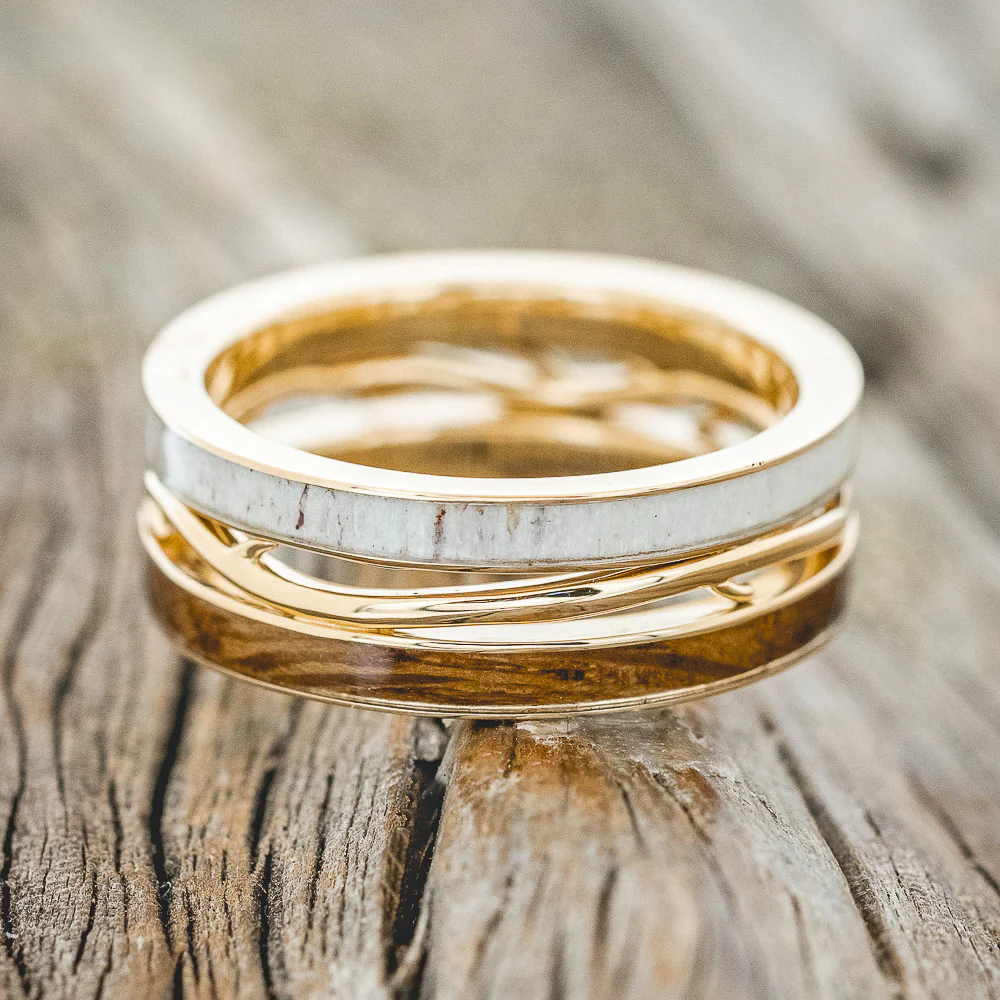 MEN'S "ARTEMIS" - WHISKEY BARREL OAK & ANTLER WEDDING RING FEATURING A 14K GOLD BAND - Image 3