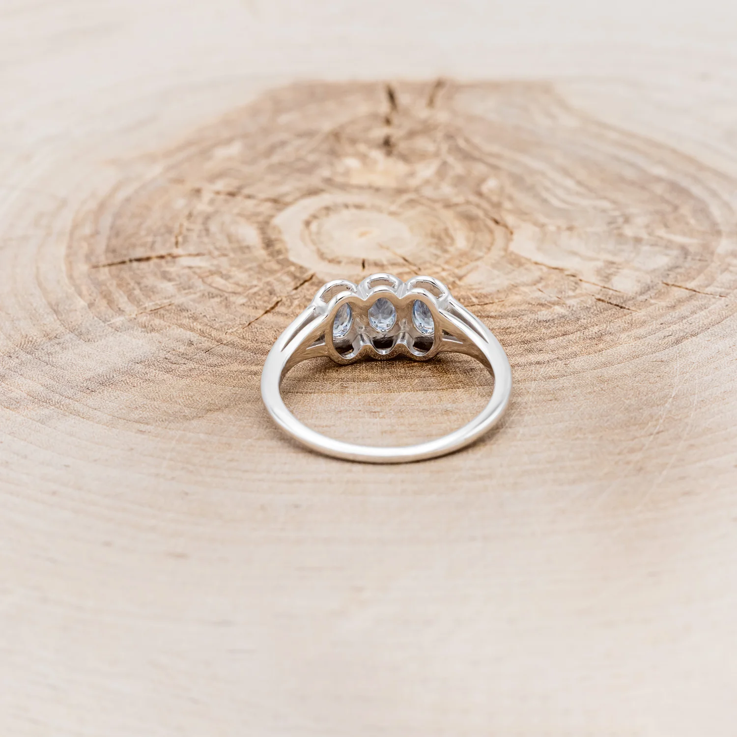 "MERCILLA" - THREE STONE OVAL CUT AQUAMARINE ENGAGEMENT RING WITH DIAMOND ACCENTS - Image 5