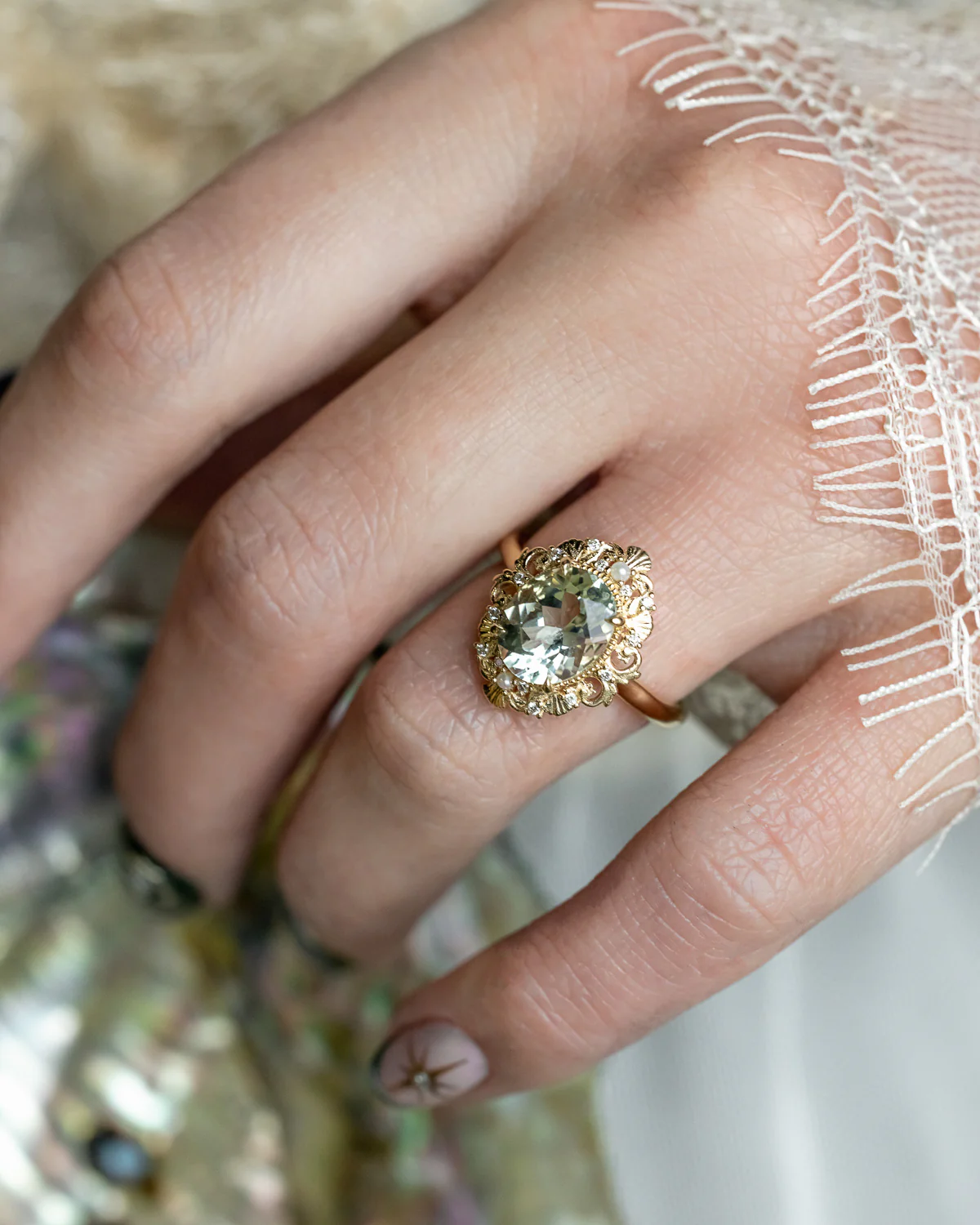 "MERROW" - SCULPTURAL-STYLE ENGAGEMENT RING WITH DIAMOND & PEARL ACCENTS - MOUNTING ONLY - SELECT YOUR OWN STONE - Image 19