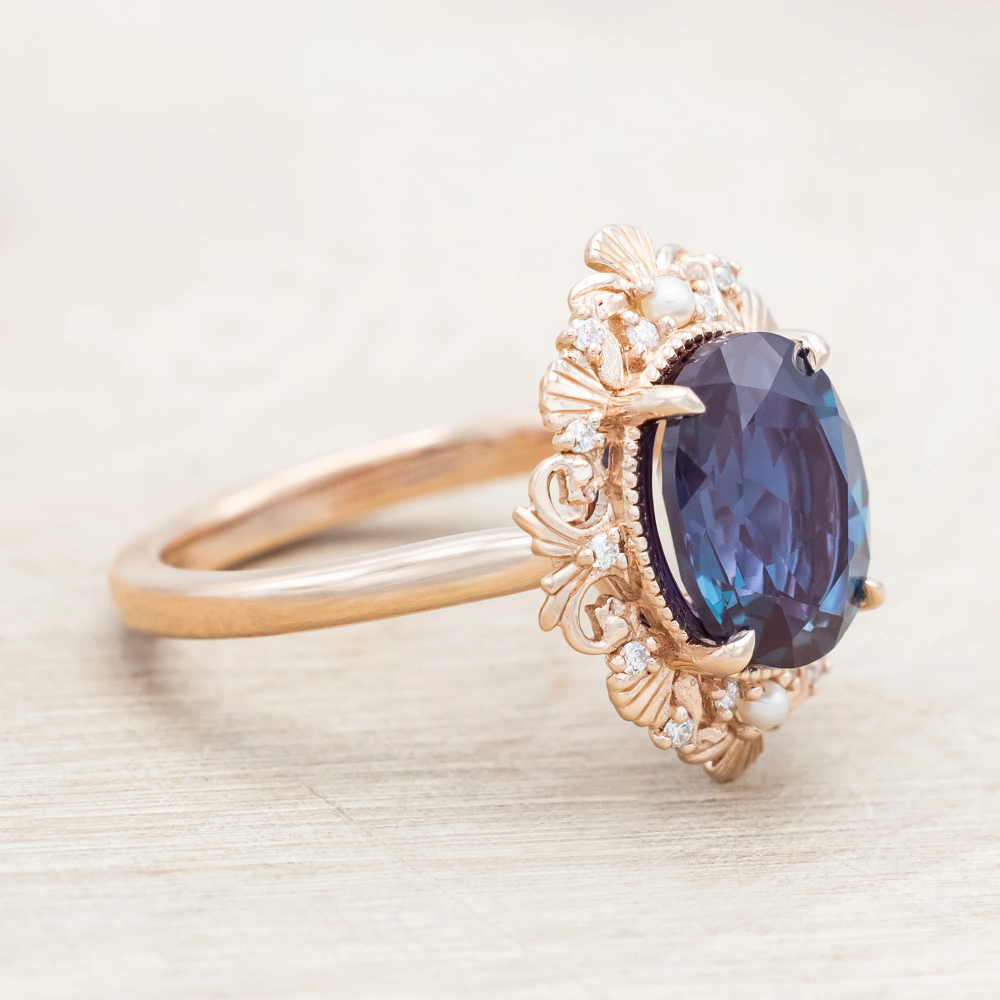 "MERROW" - SCULPTURAL-STYLE ENGAGEMENT RING WITH DIAMOND & PEARL ACCENTS - MOUNTING ONLY - SELECT YOUR OWN STONE - Image 14