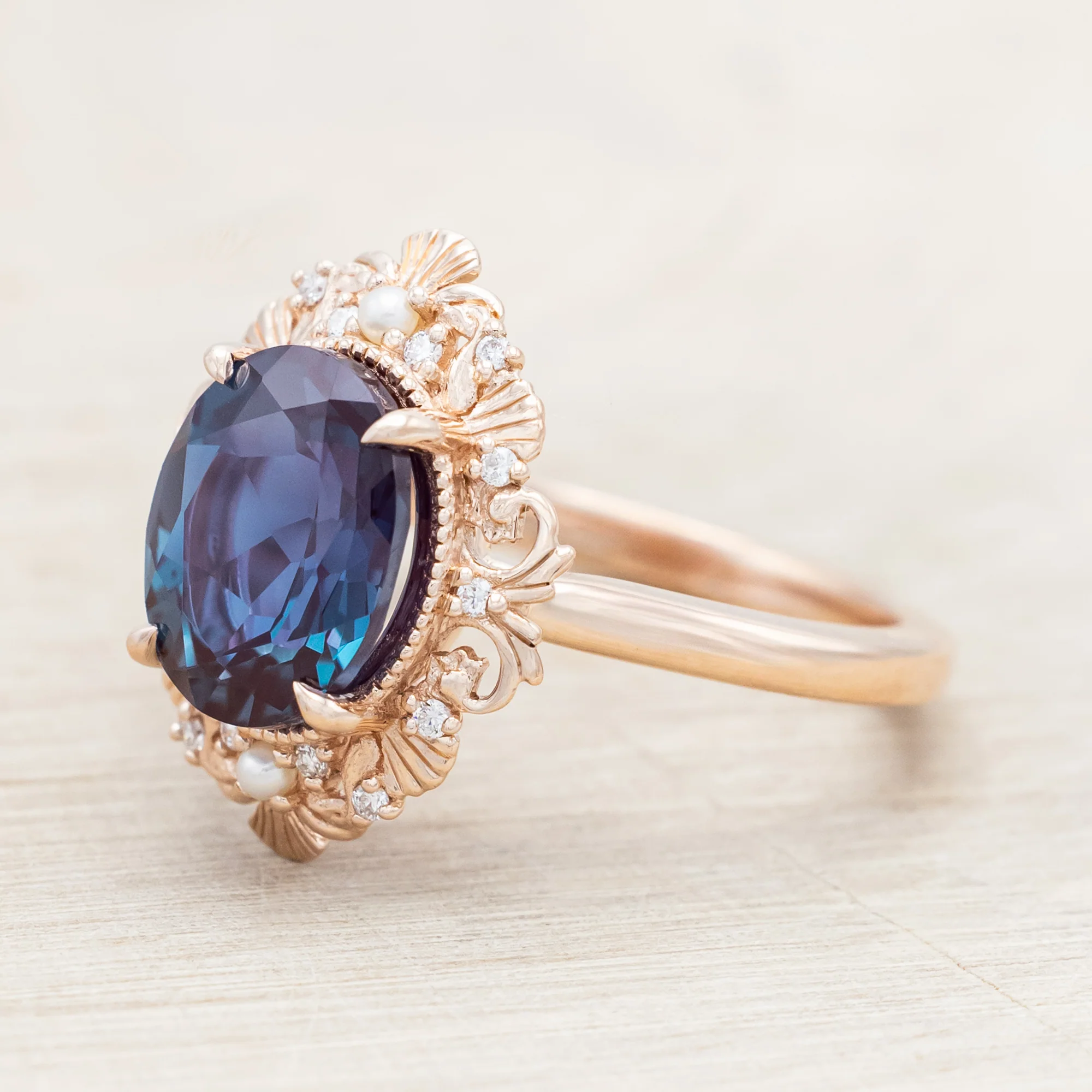 "MERROW" - SCULPTURAL-STYLE ENGAGEMENT RING WITH DIAMOND & PEARL ACCENTS - MOUNTING ONLY - SELECT YOUR OWN STONE - Image 15