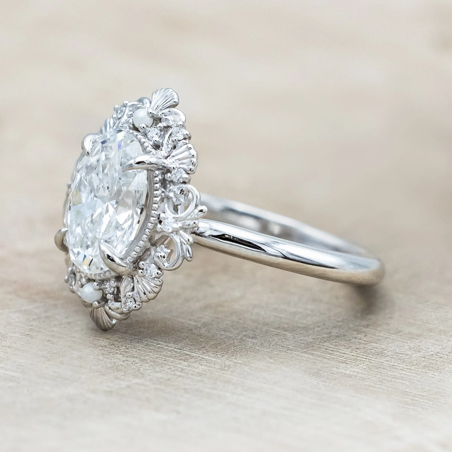 "MERROW" - SCULPTURAL-STYLE ENGAGEMENT RING WITH DIAMOND & PEARL ACCENTS - MOUNTING ONLY - SELECT YOUR OWN STONE - Image 10