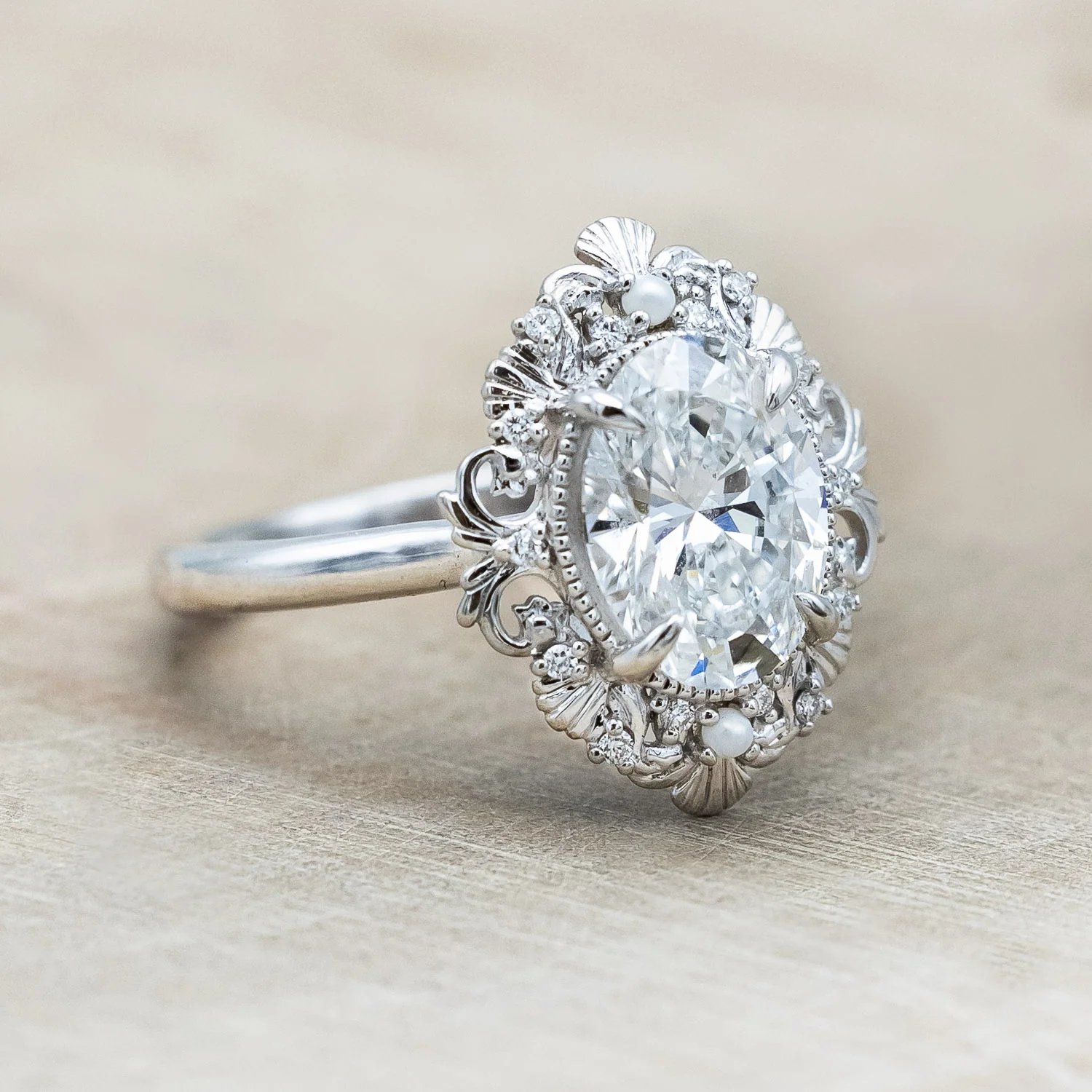 "MERROW" - SCULPTURAL-STYLE ENGAGEMENT RING WITH DIAMOND & PEARL ACCENTS - MOUNTING ONLY - SELECT YOUR OWN STONE - Image 9