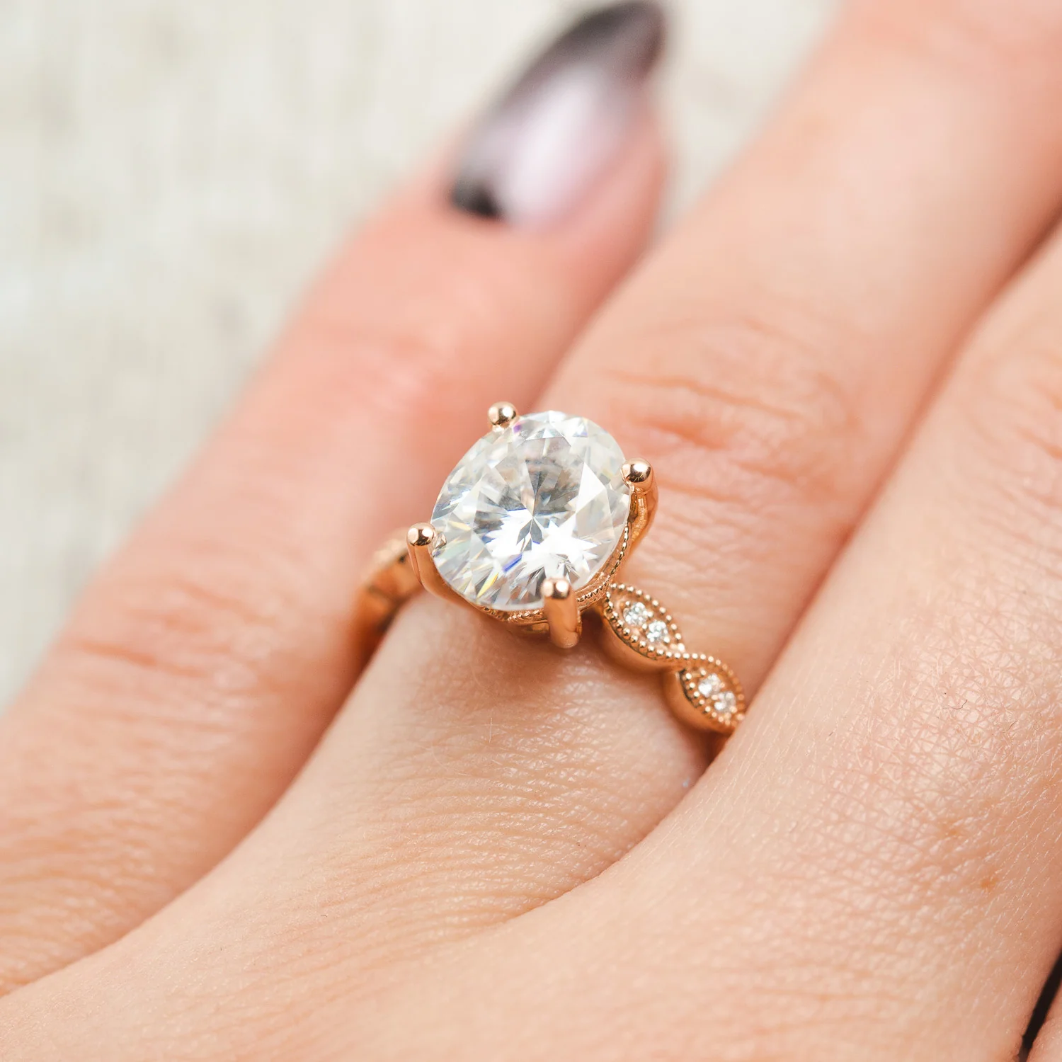 "NAOMI" - OVAL CUT MOISSANITE ENGAGEMENT RING WITH DIAMOND ACCENTS - Image 7