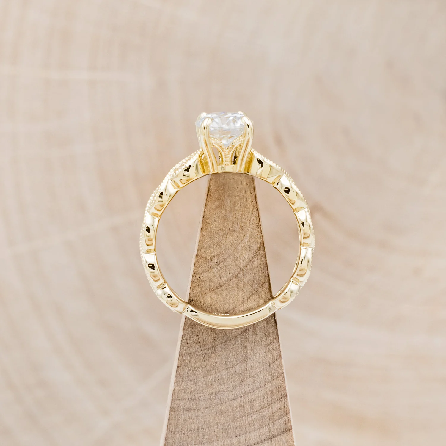 "NAOMI" - ROUND CUT MOISSANITE ENGAGEMENT RING WITH A SCALLOPED BAND AND DIAMOND ACCENTS - Image 6