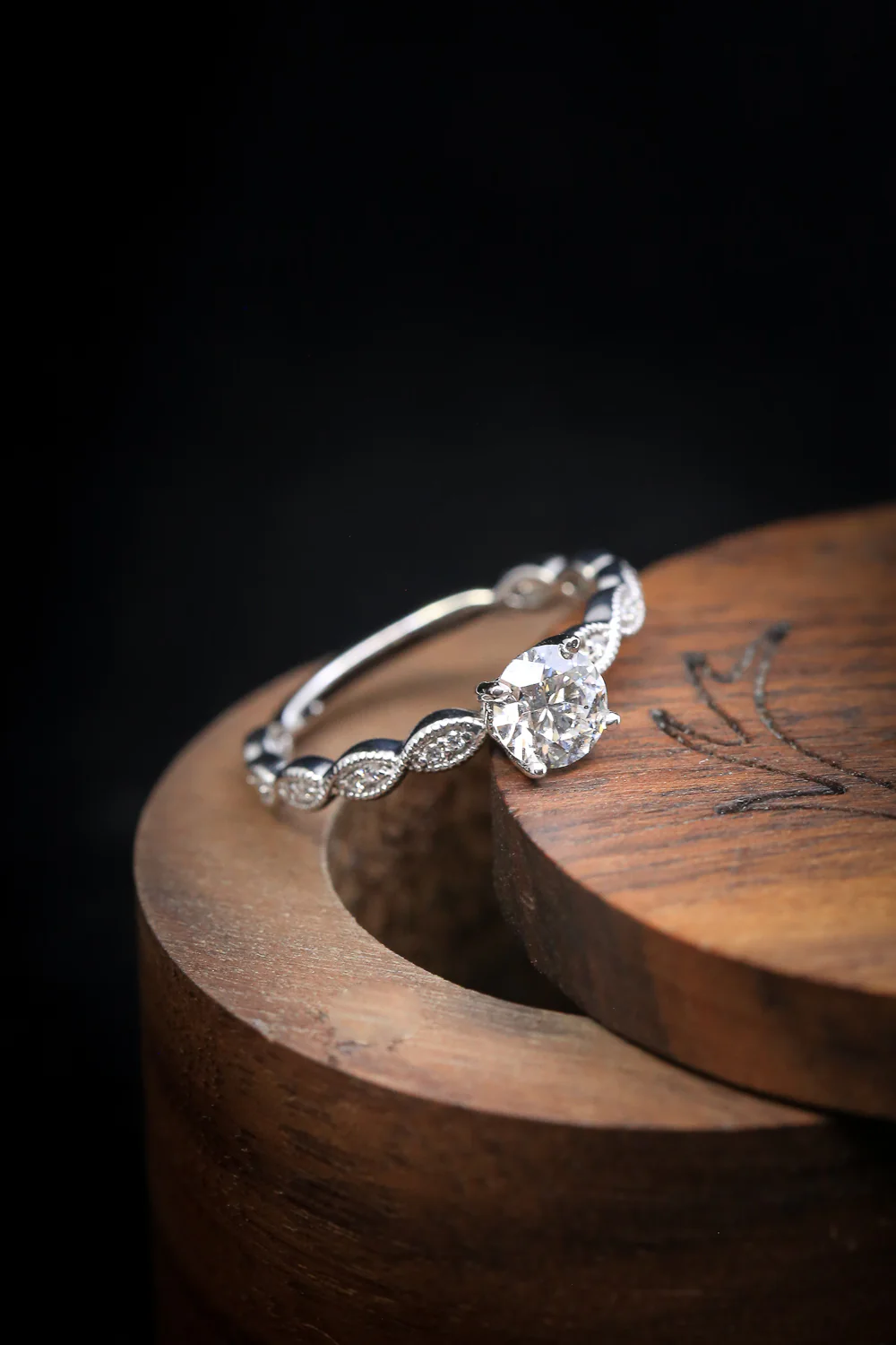 "NAOMI" - ROUND CUT MOISSANITE ENGAGEMENT RING WITH A SCALLOPED BAND AND DIAMOND ACCENTS - Image 7