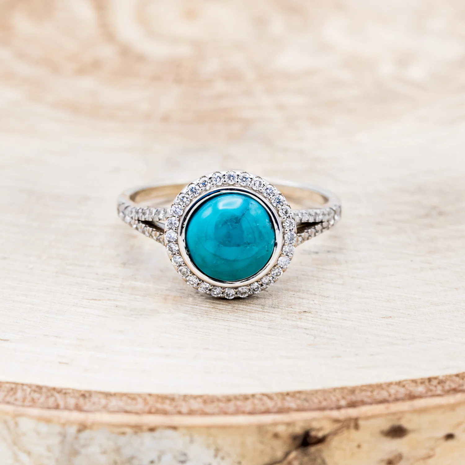 "NOVA" - ROUND CABOCHON CUT TURQUOISE ENGAGEMENT RING WITH DIAMOND HALO & ACCENTS - Image 10