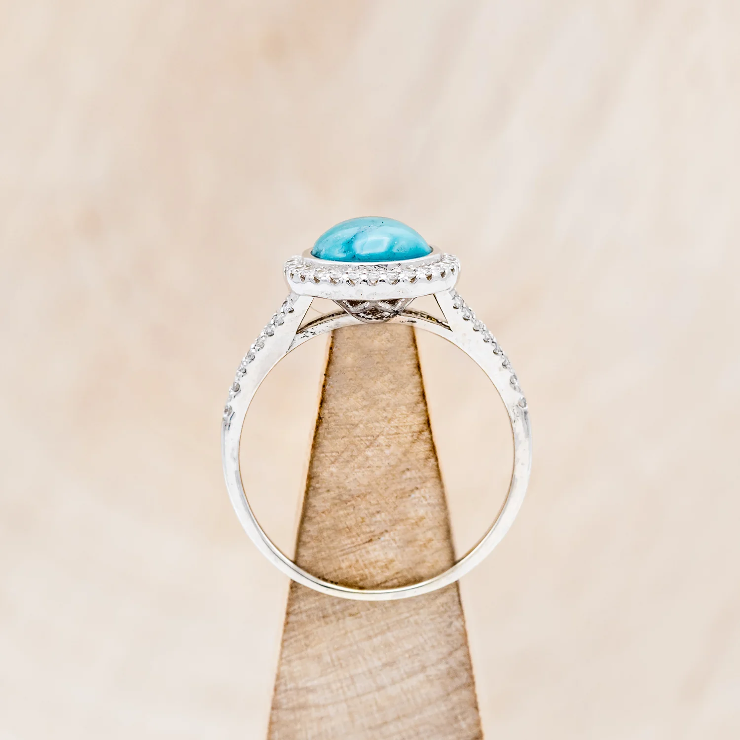 "NOVA" - ROUND CABOCHON CUT TURQUOISE ENGAGEMENT RING WITH DIAMOND HALO & ACCENTS - Image 11