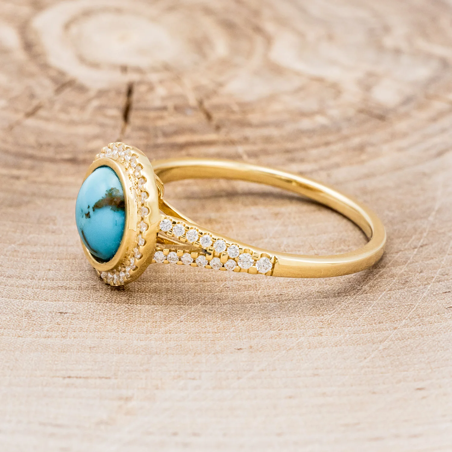 "NOVA" - ROUND CABOCHON CUT TURQUOISE ENGAGEMENT RING WITH DIAMOND HALO & ACCENTS - Image 3