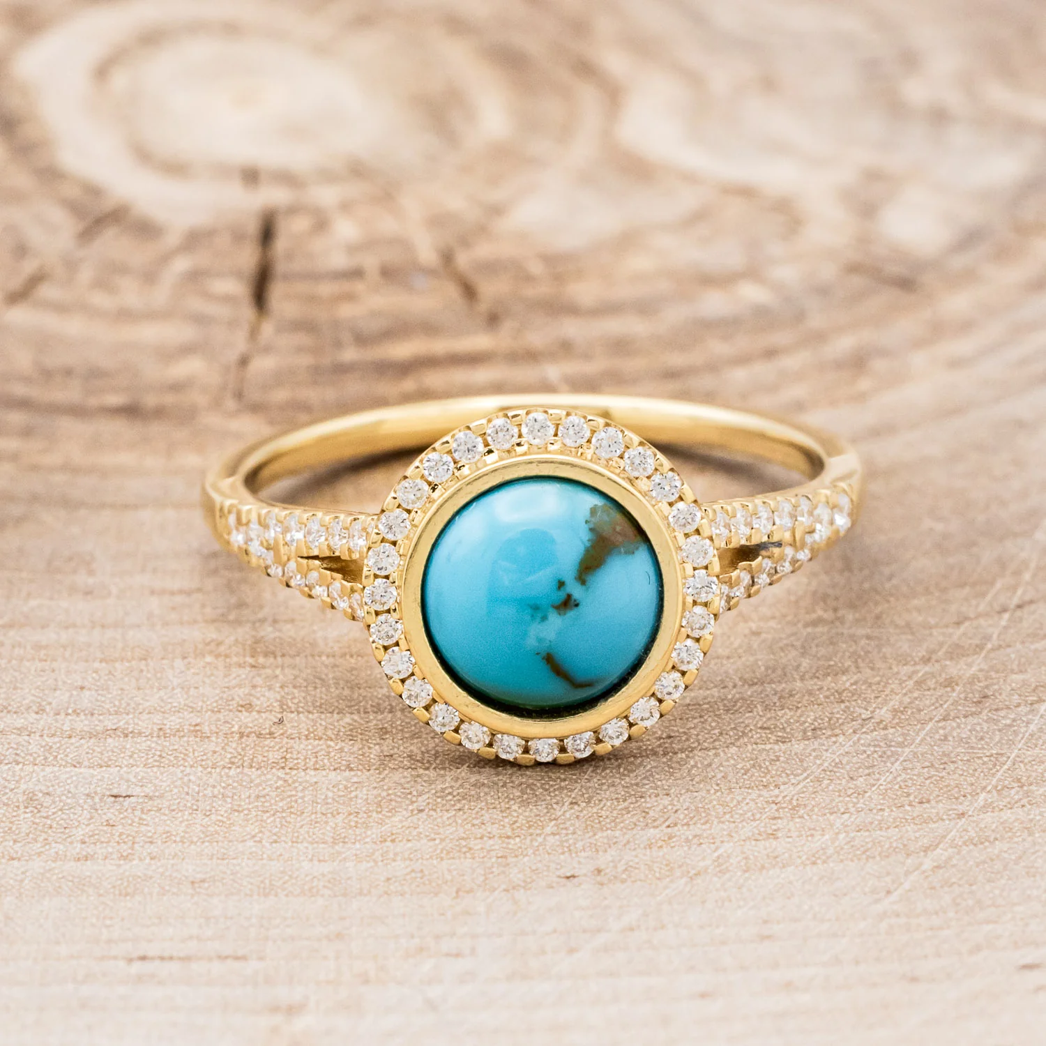 "NOVA" - ROUND CABOCHON CUT TURQUOISE ENGAGEMENT RING WITH DIAMOND HALO & ACCENTS - Image 4